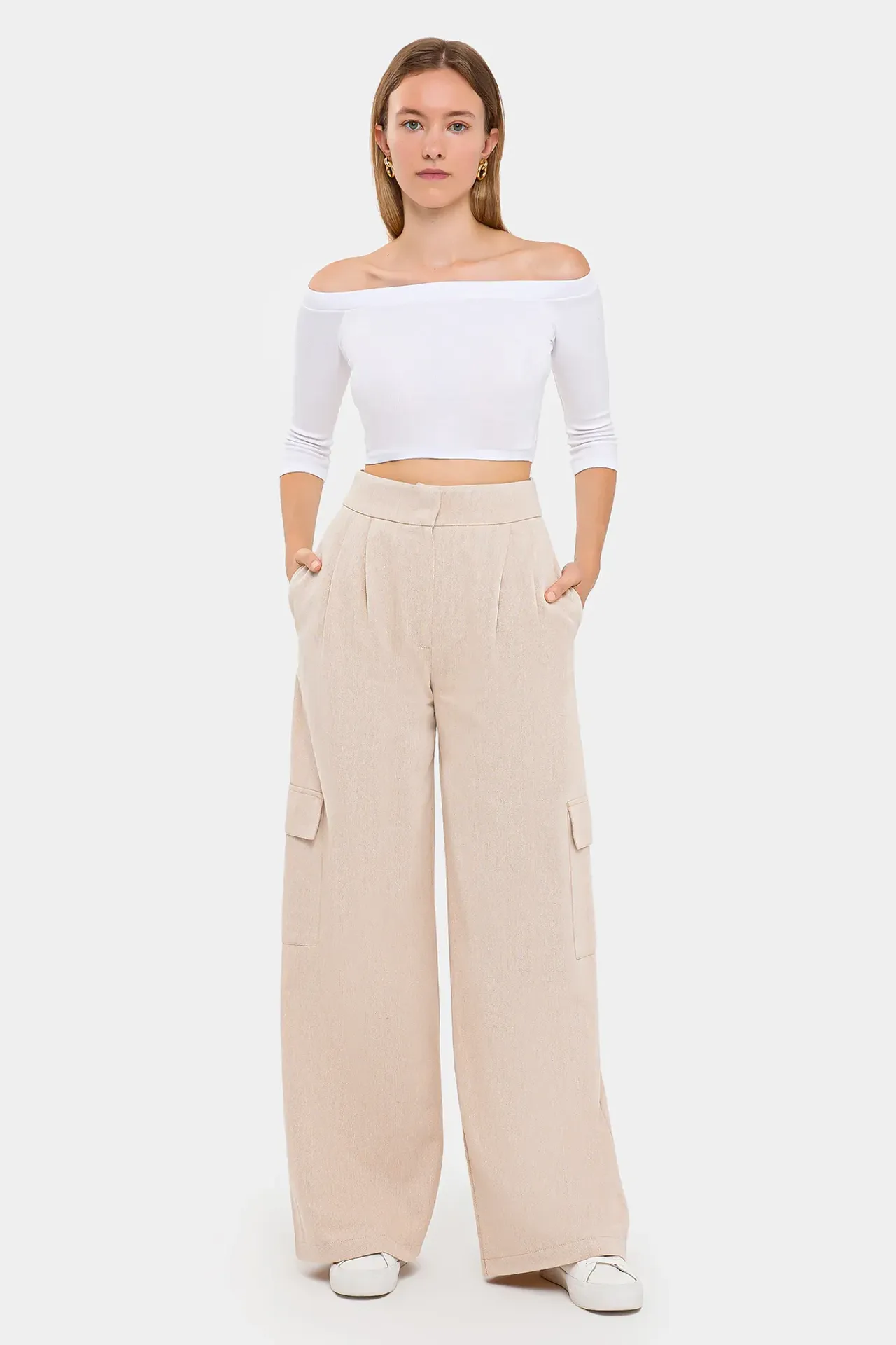 High Waist Wide-Leg Trousers with Pocket