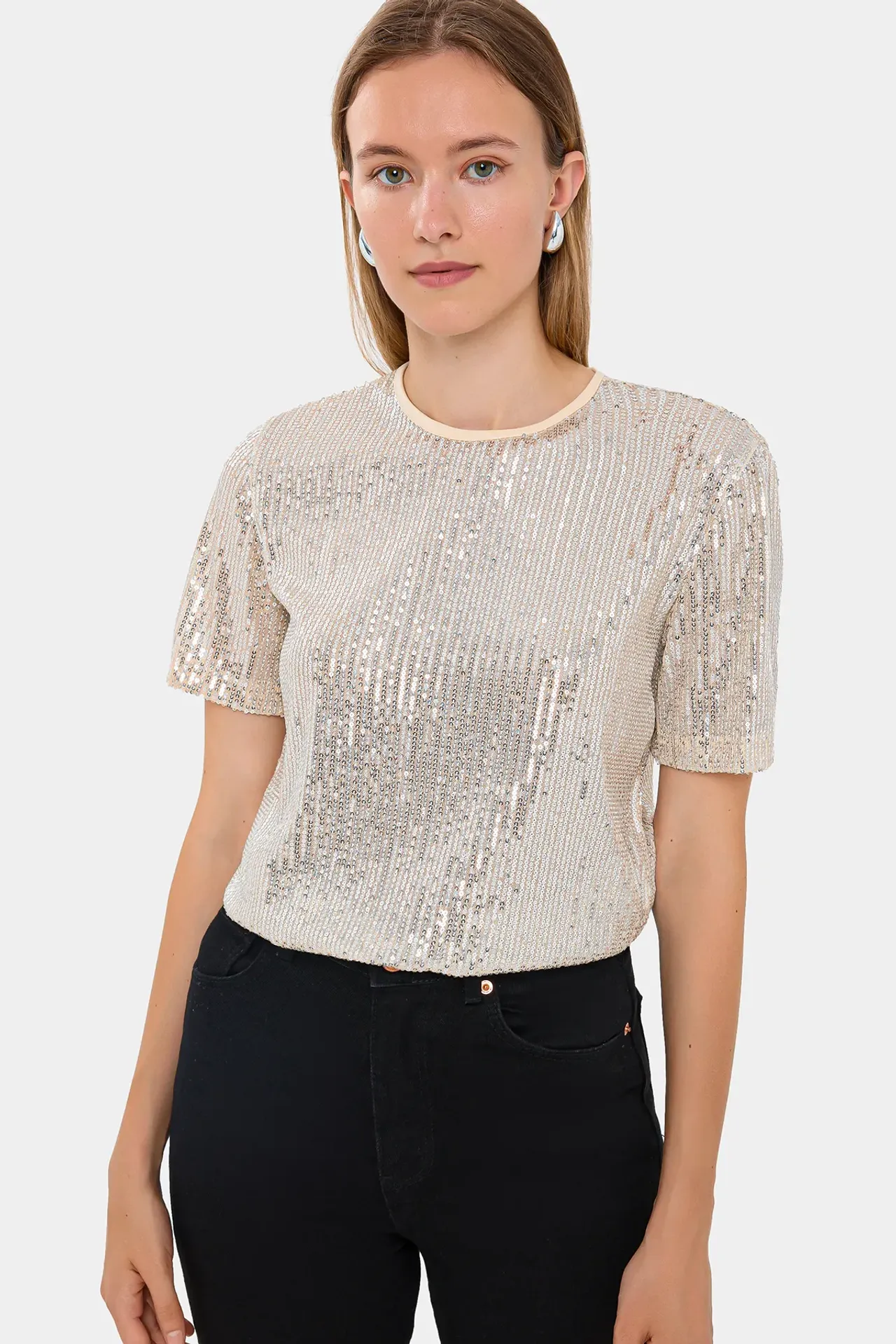 Relaxed Fit Sequin Sheer Short Sleeve T-Shirt