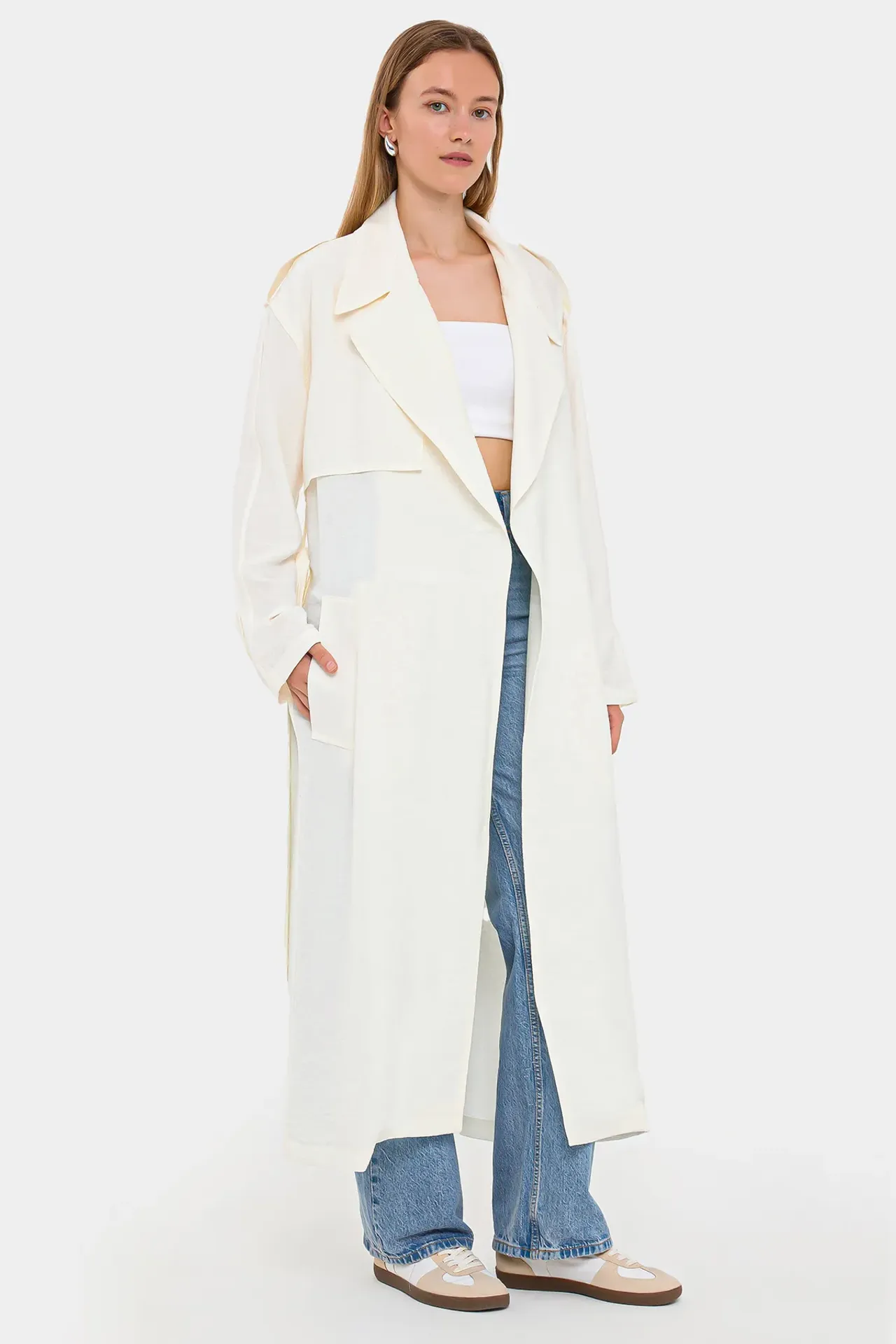 Long Sleeve Paperbag Coat Jacket with Belt Detail