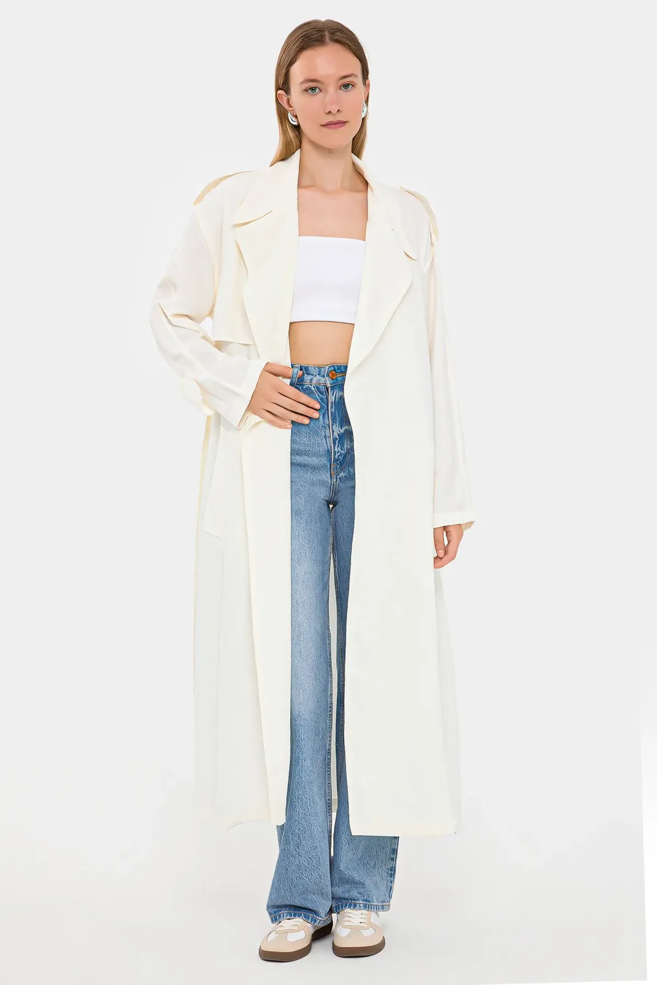 Long Sleeve Paperbag Coat Jacket with Belt Detail