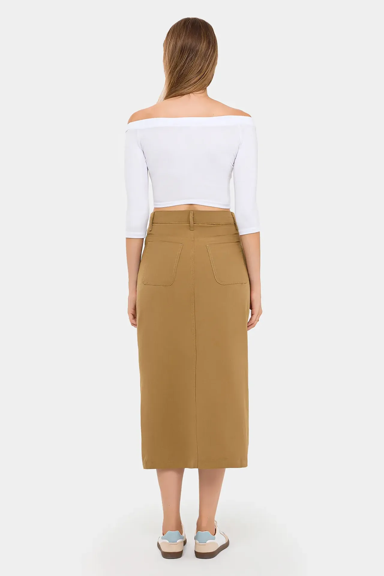 High-Waist Cotton Midi Skirt with Pocket and Button Detail