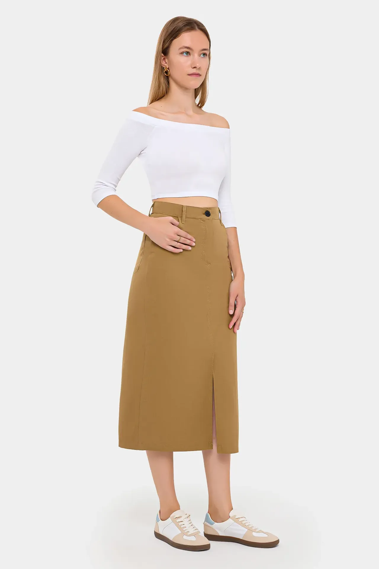 High-Waist Cotton Midi Skirt with Pocket and Button Detail