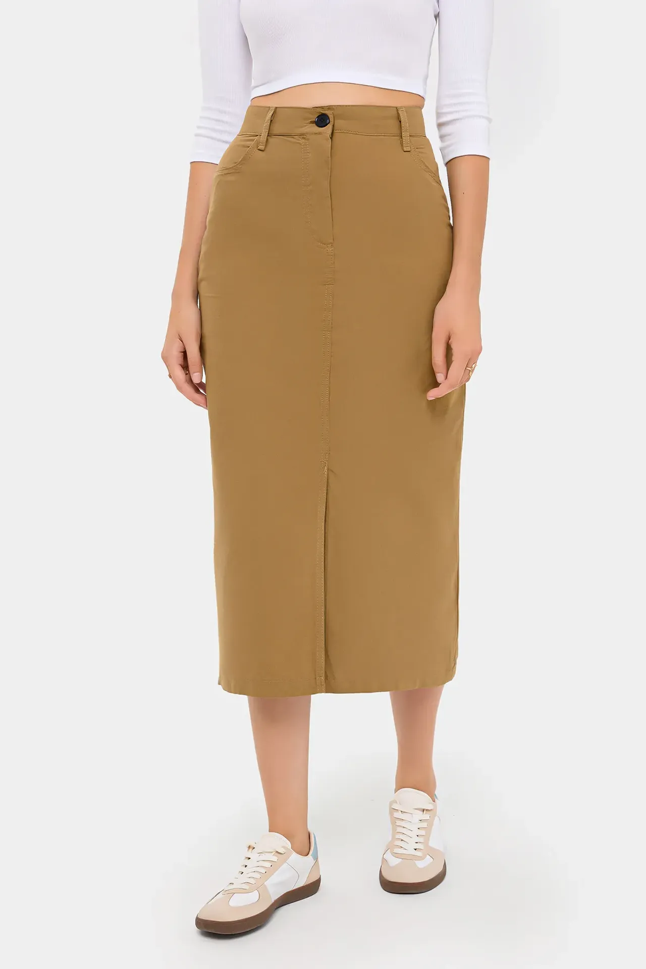 High-Waist Cotton Midi Skirt with Pocket and Button Detail