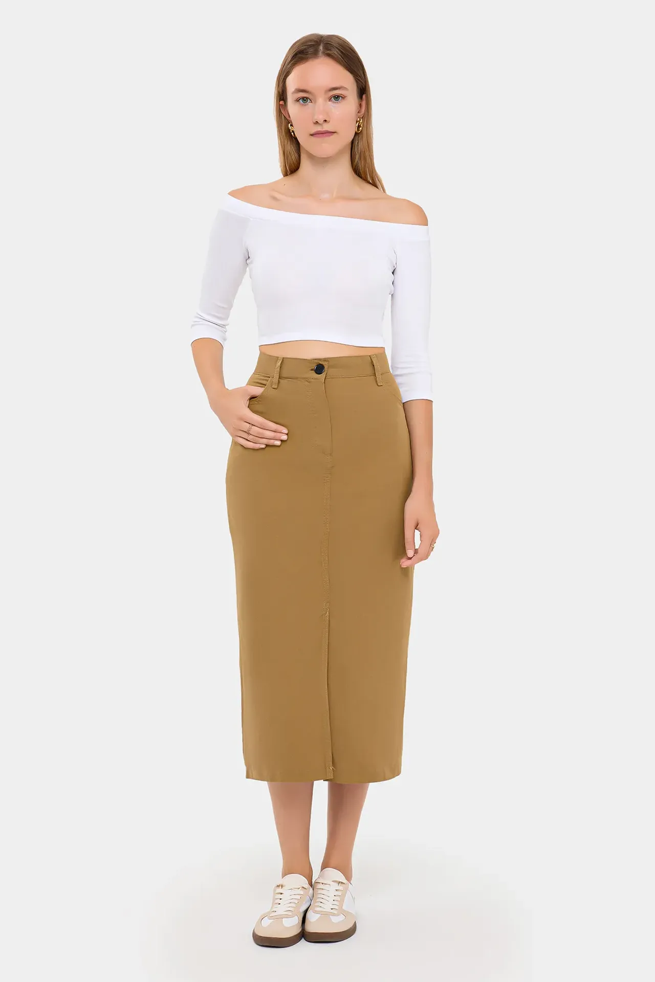 High-Waist Cotton Midi Skirt with Pocket and Button Detail