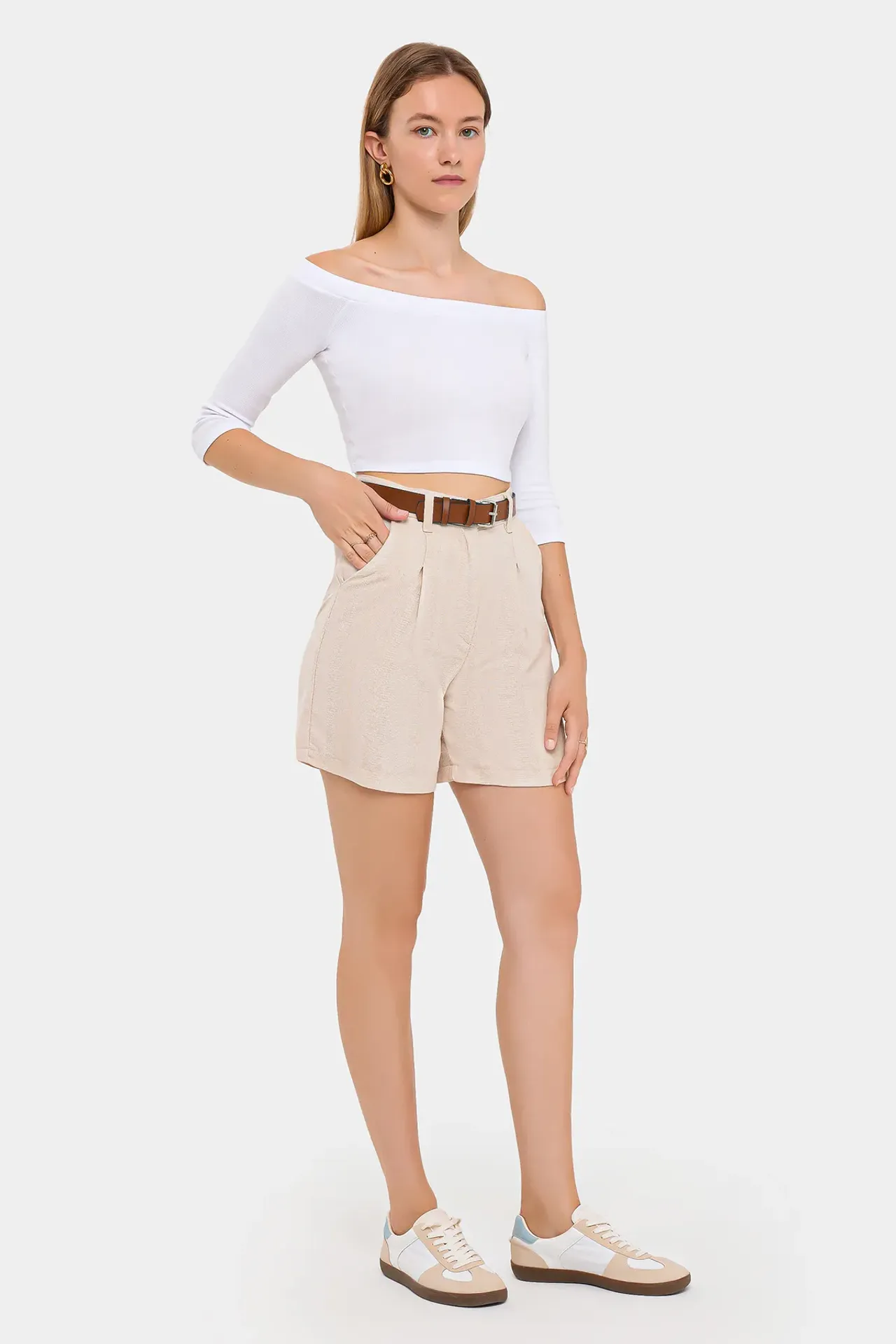 High-Waist Pleated Linen Shorts with Belt