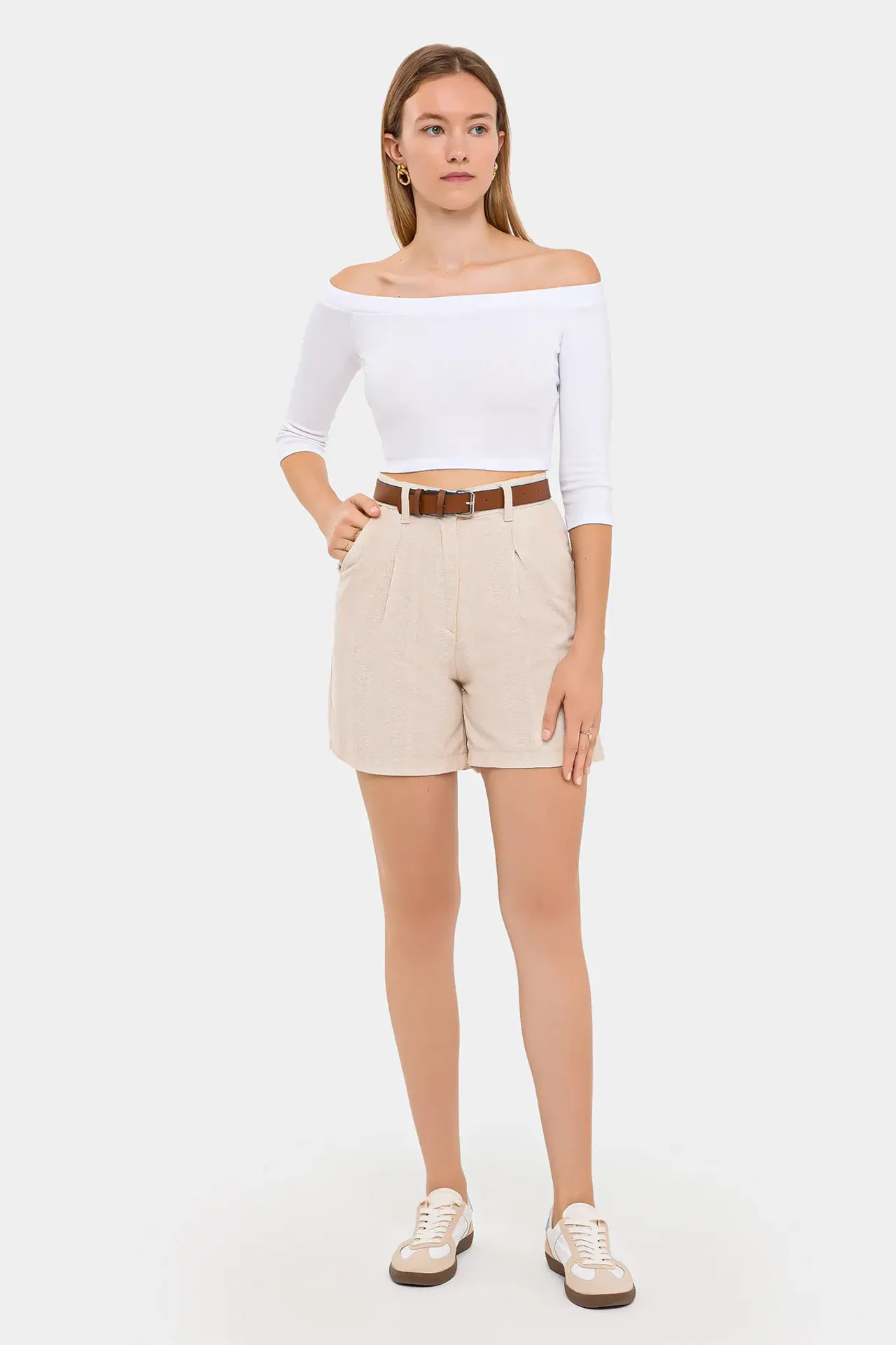 High-Waist Pleated Linen Shorts with Belt