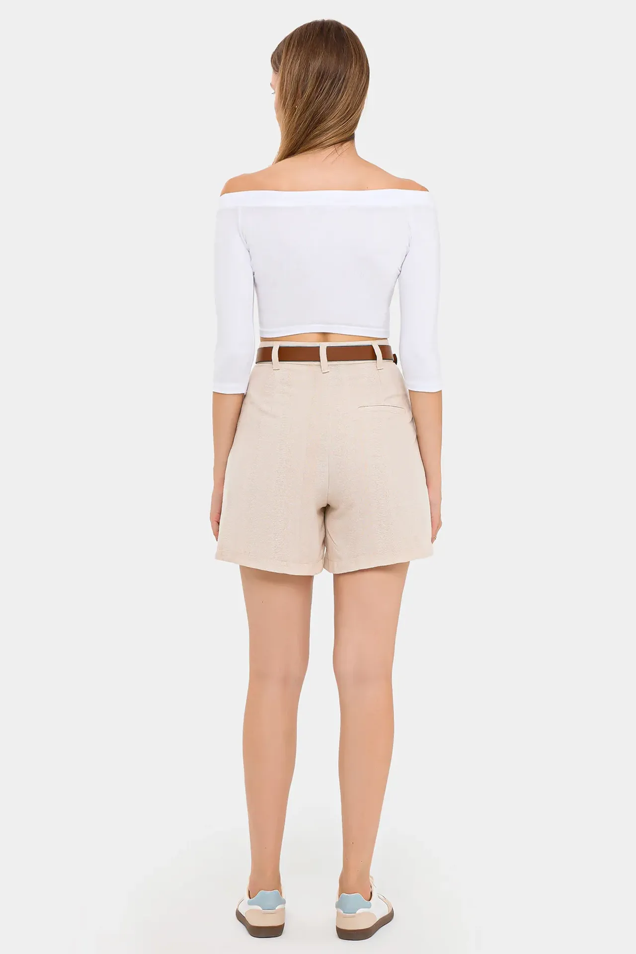 High-Waist Pleated Linen Shorts with Belt