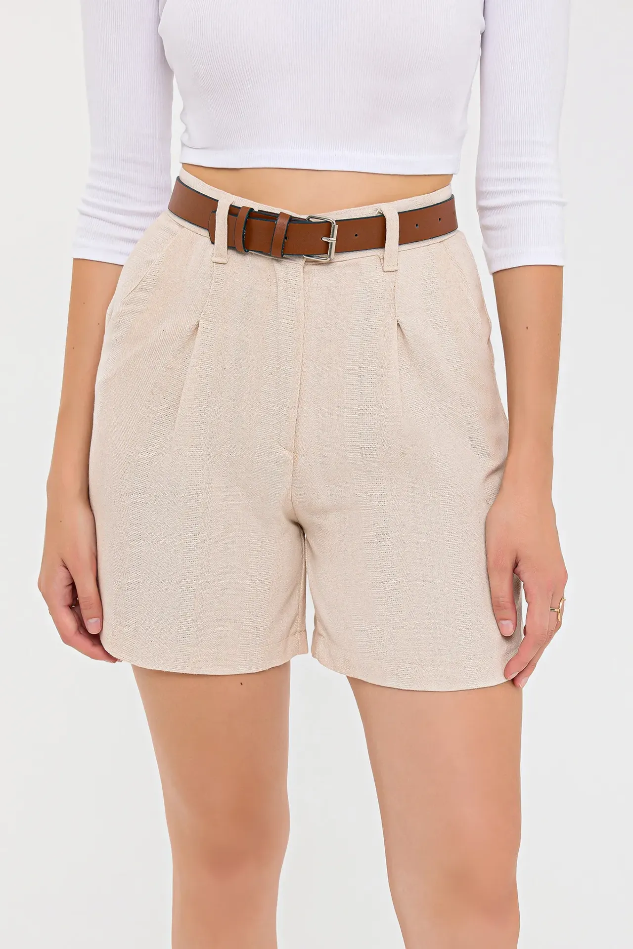 High-Waist Pleated Linen Shorts with Belt