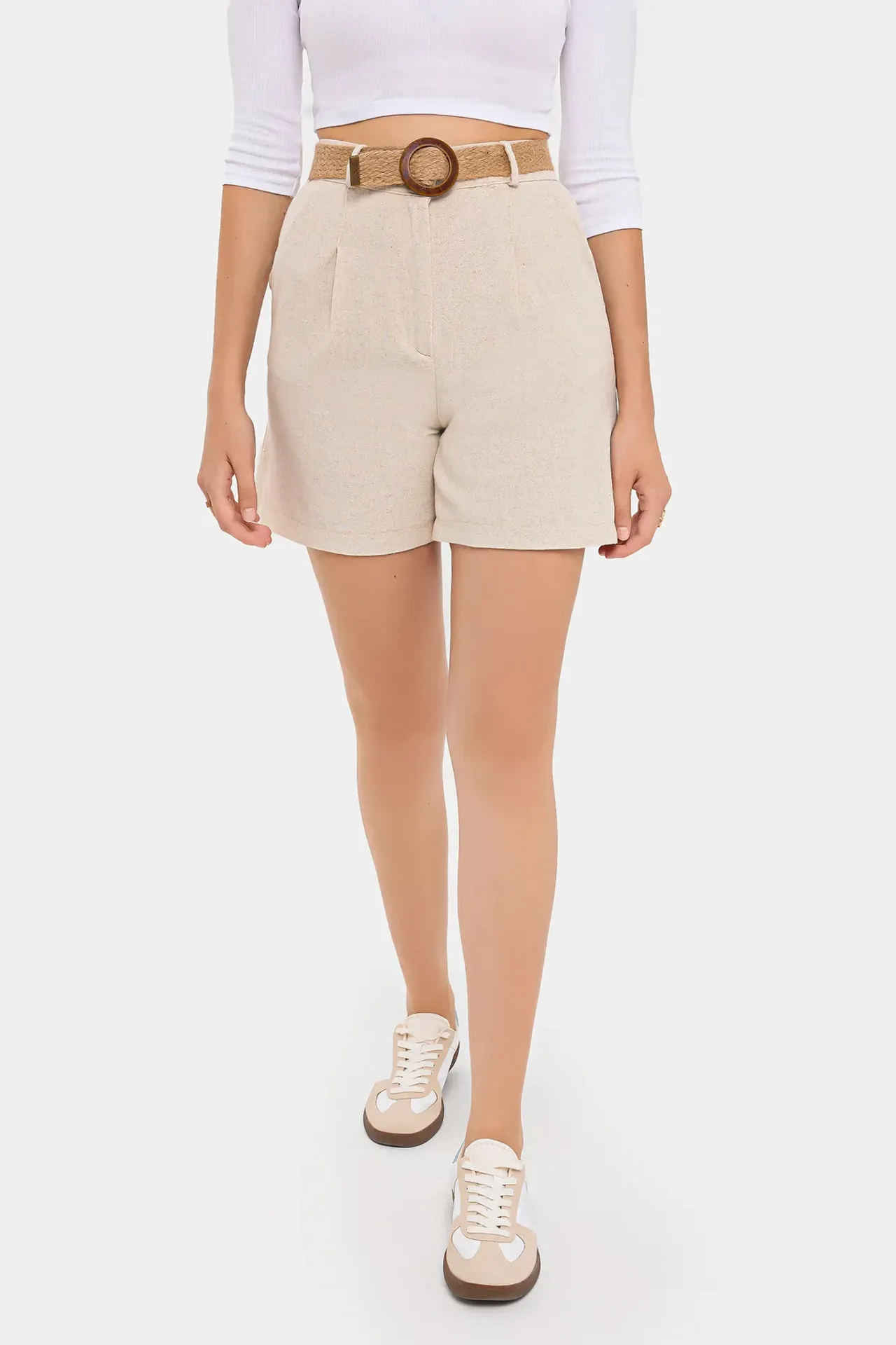 High-Waist Linen Shorts with Belt