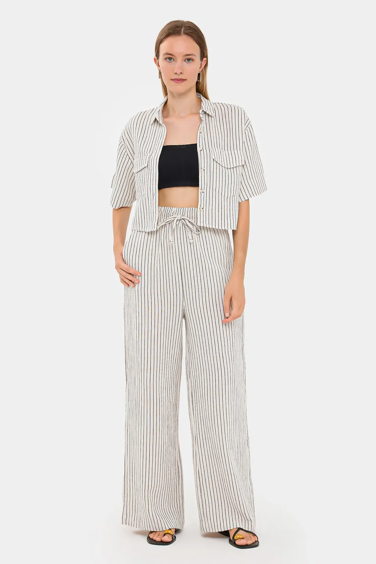 Striped High-Waist Coords Set with Wide-Leg Pants