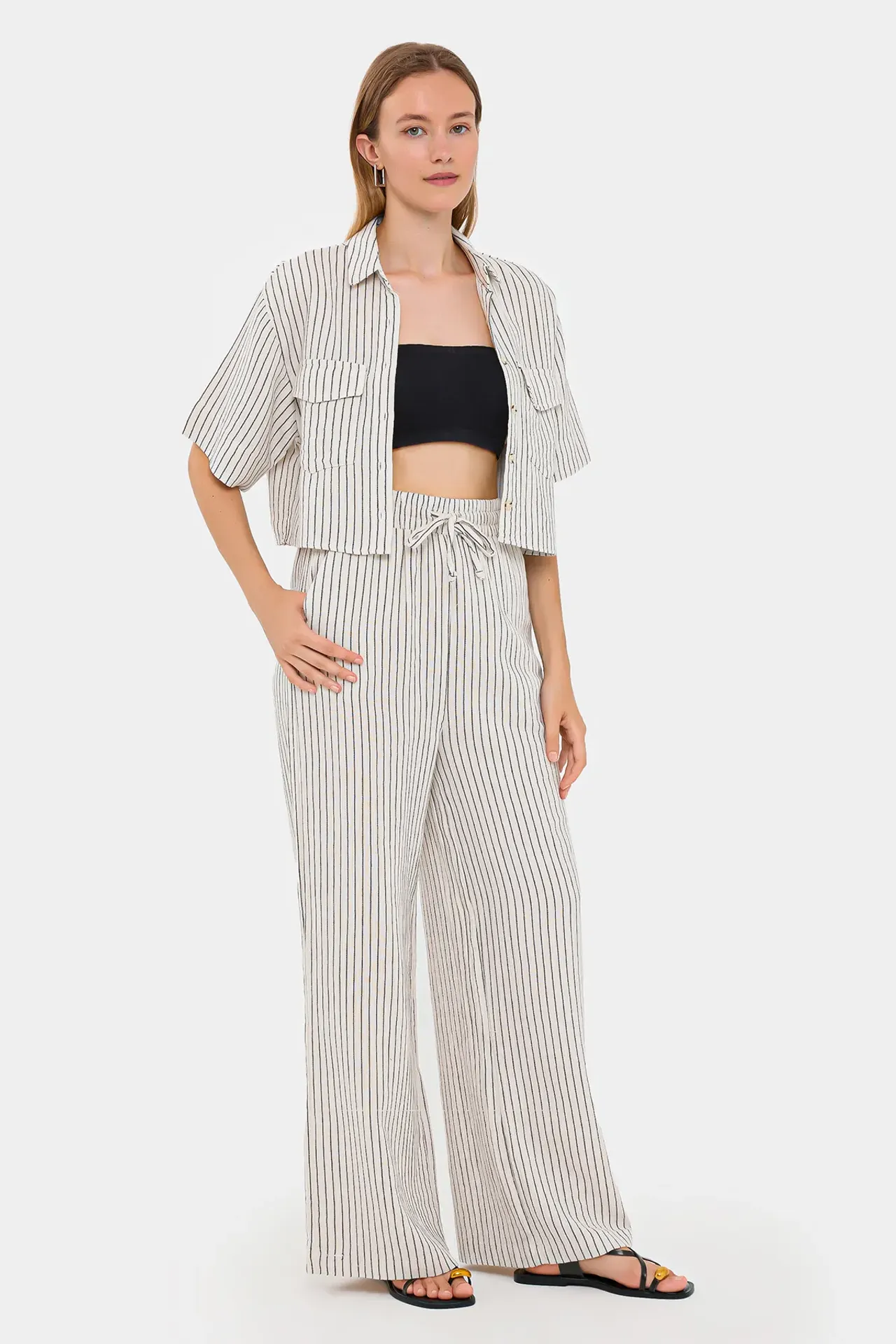 Striped High-Waist Coords Set with Wide-Leg Pants