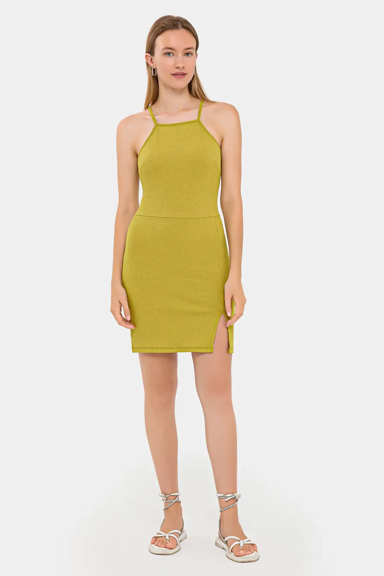 Sleeveless Halter-Neck Mini Dress with Side Slit