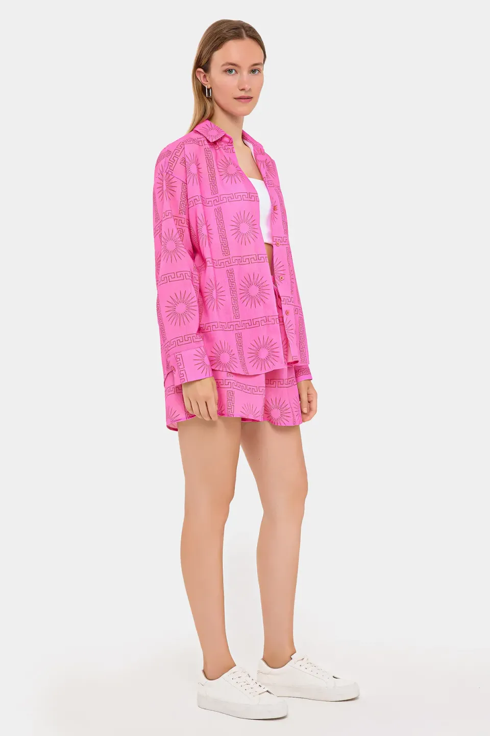 2 Pieces: Printed Shirt & High Waist Drawstring Shorts