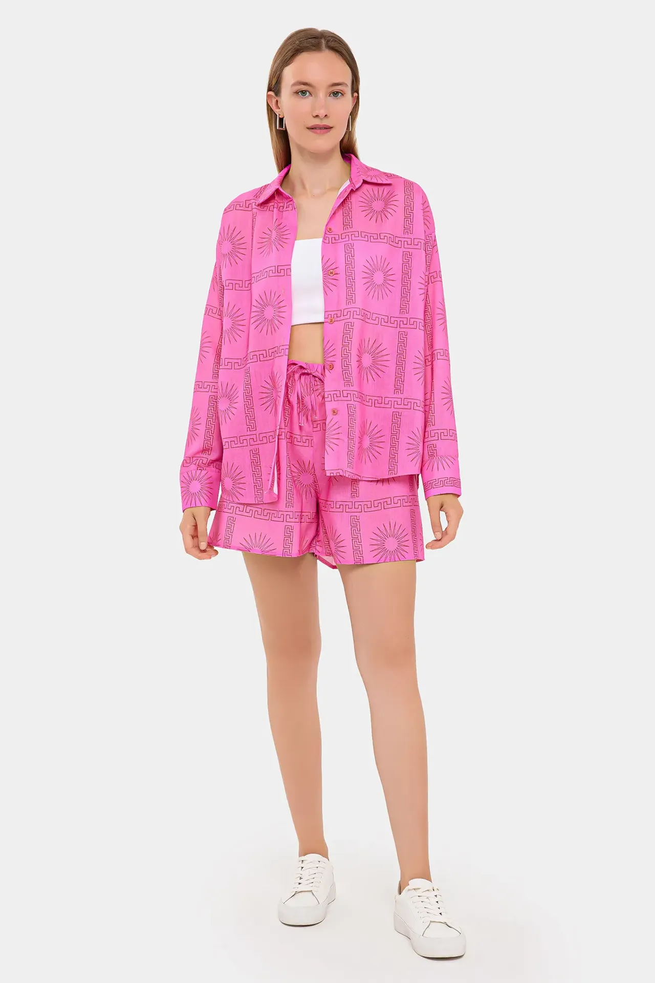 2 Pieces: Printed Shirt & High Waist Drawstring Shorts