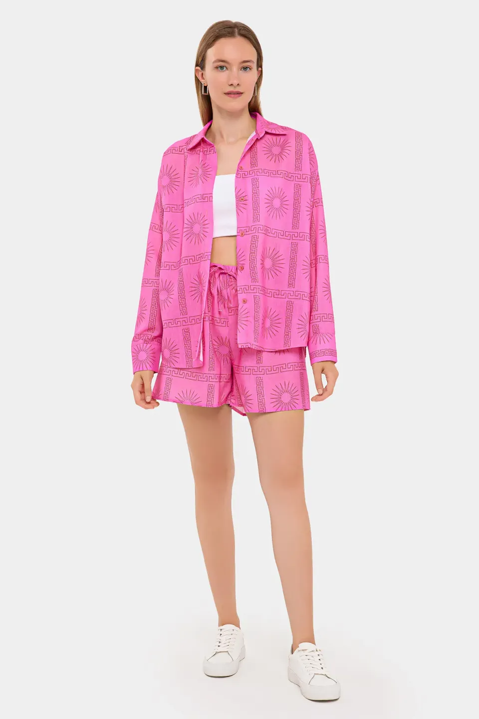 2 Pieces: Printed Shirt & High Waist Drawstring Shorts