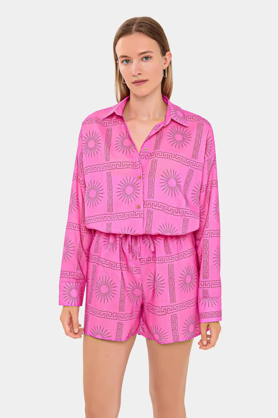 2 Pieces: Printed Shirt & High Waist Drawstring Shorts