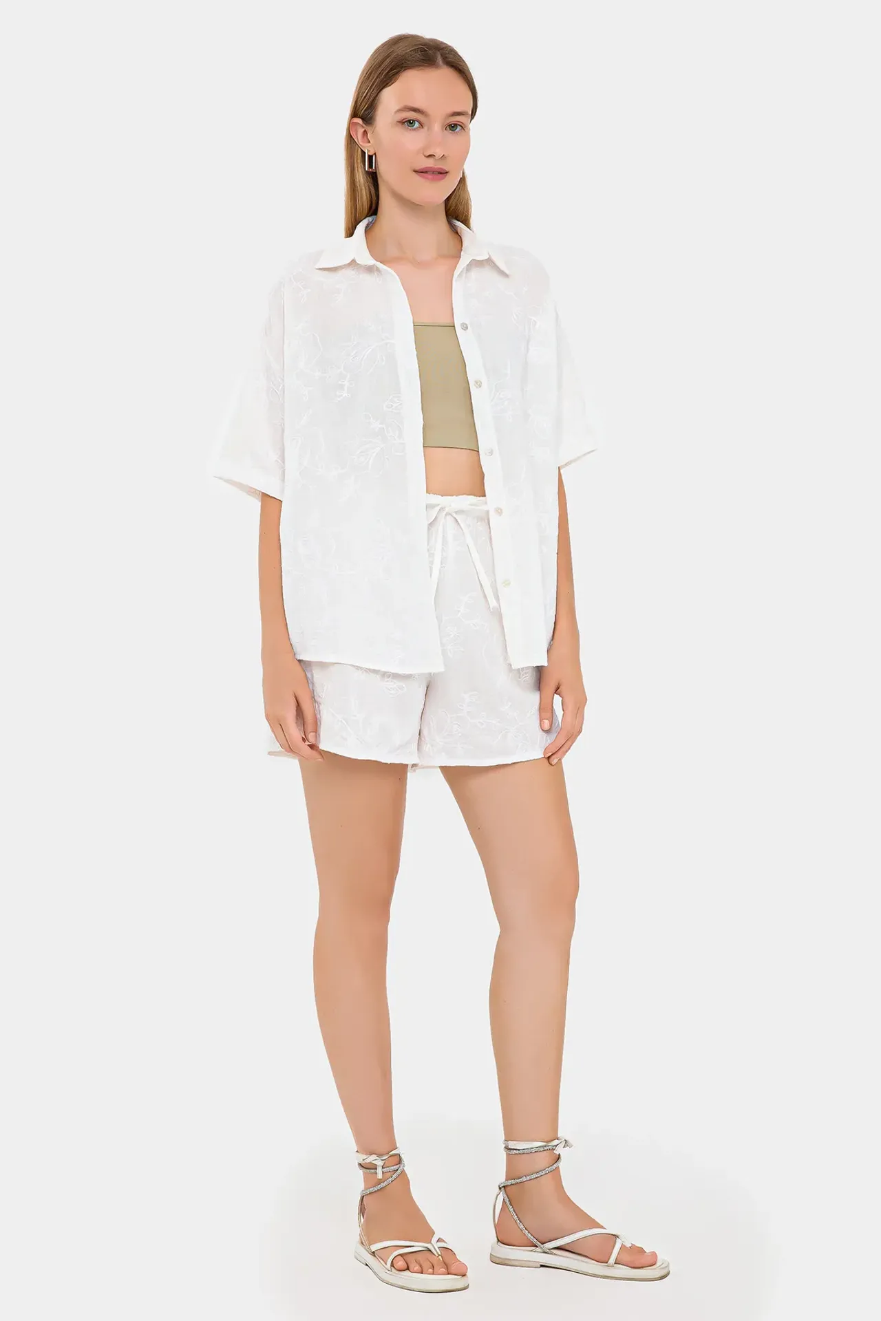 Embroidered Knitted Coords Set with Short-Sleeve Top and Mini Shorts