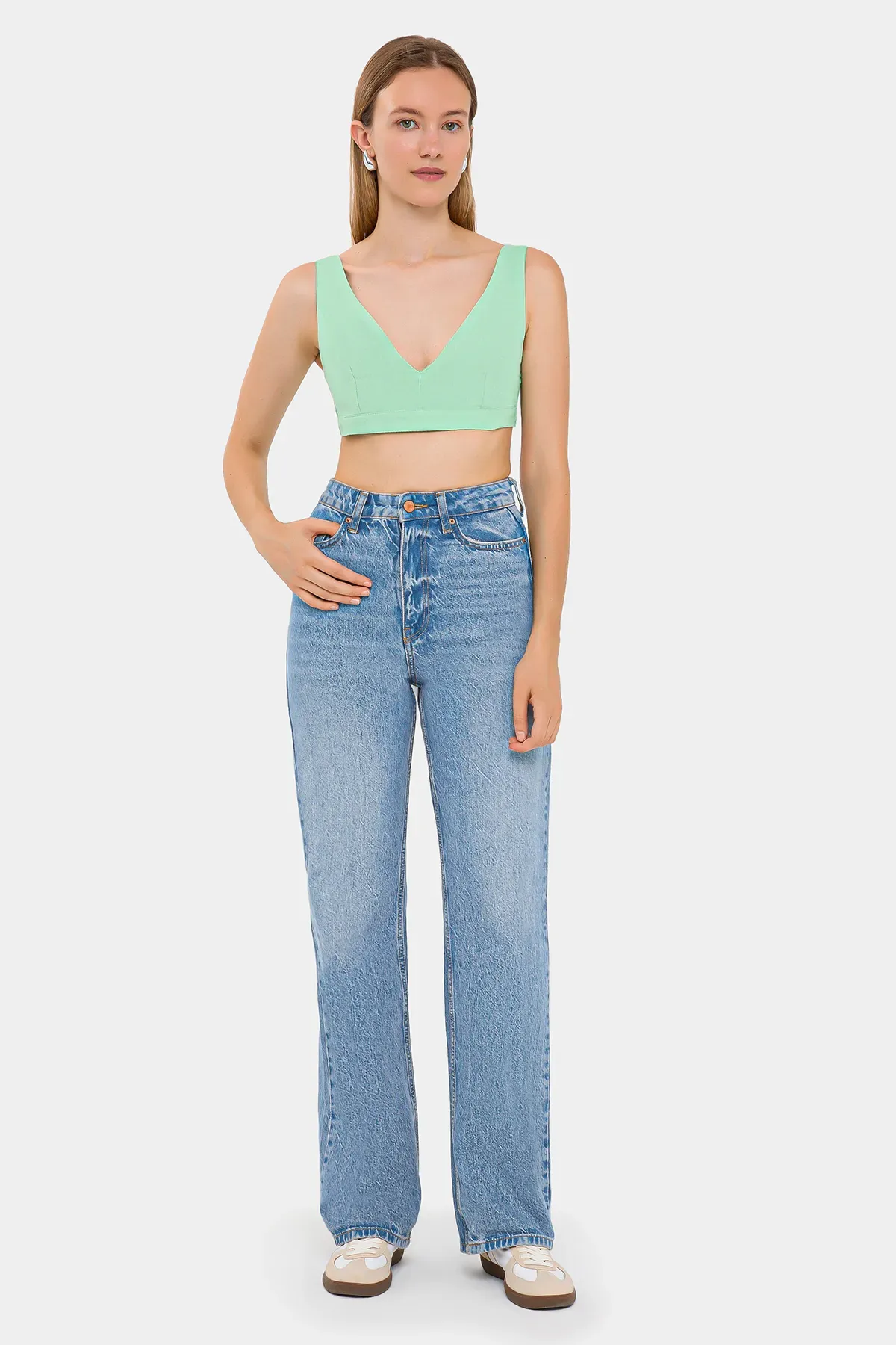 V-Neck Sleeveless Woven Crop Top 2