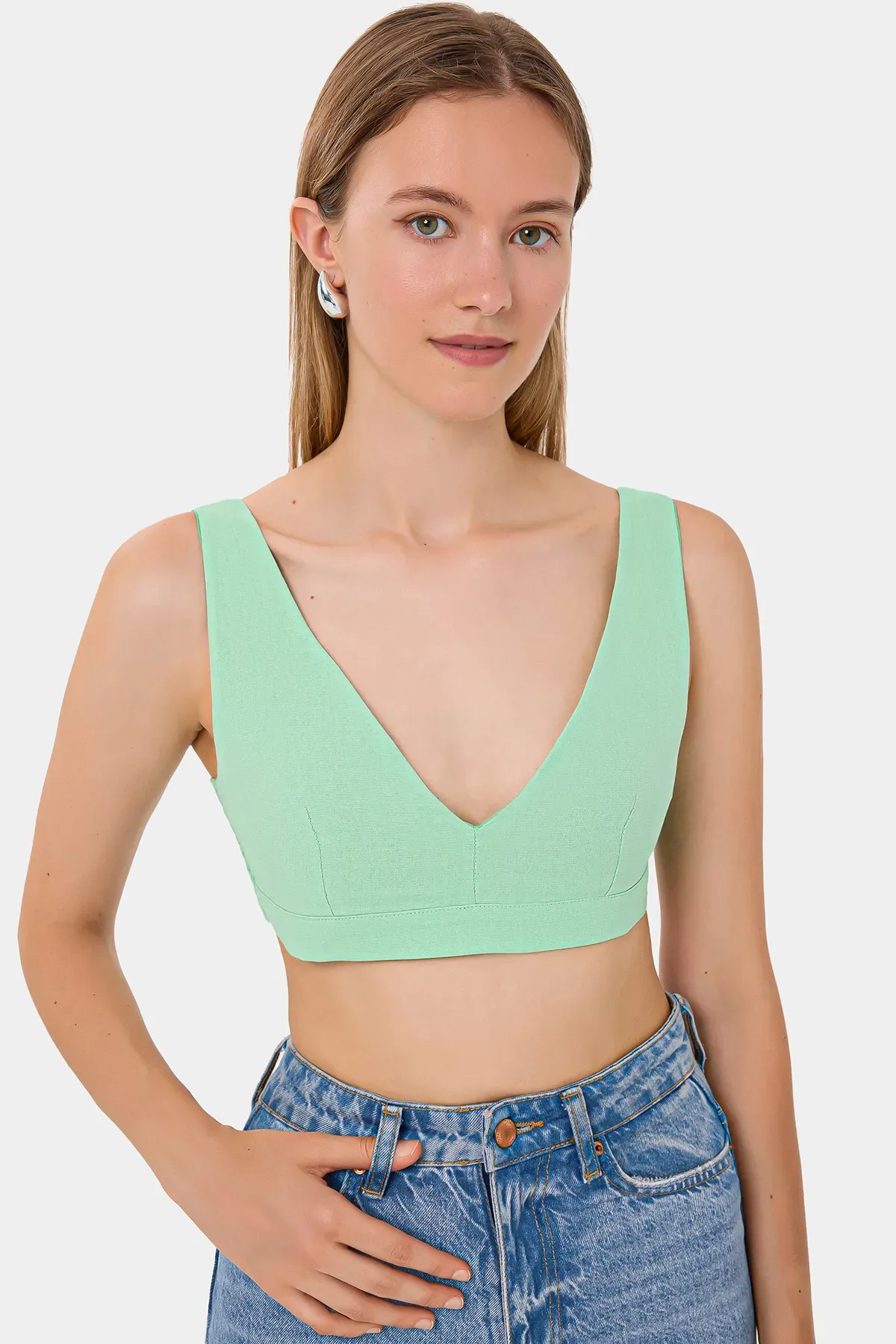 V-Neck Sleeveless Woven Crop Top 1