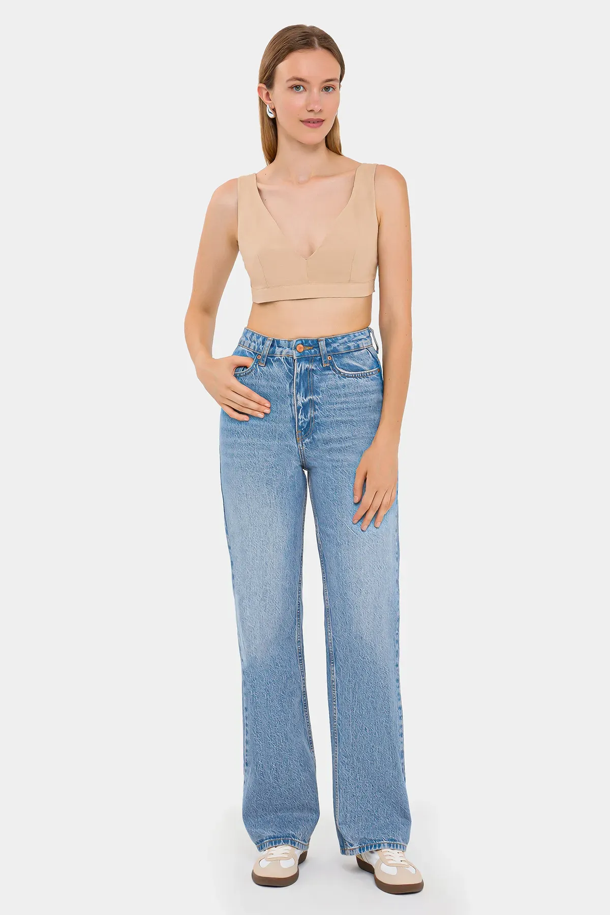 V-Neck Sleeveless Woven Crop Top 2