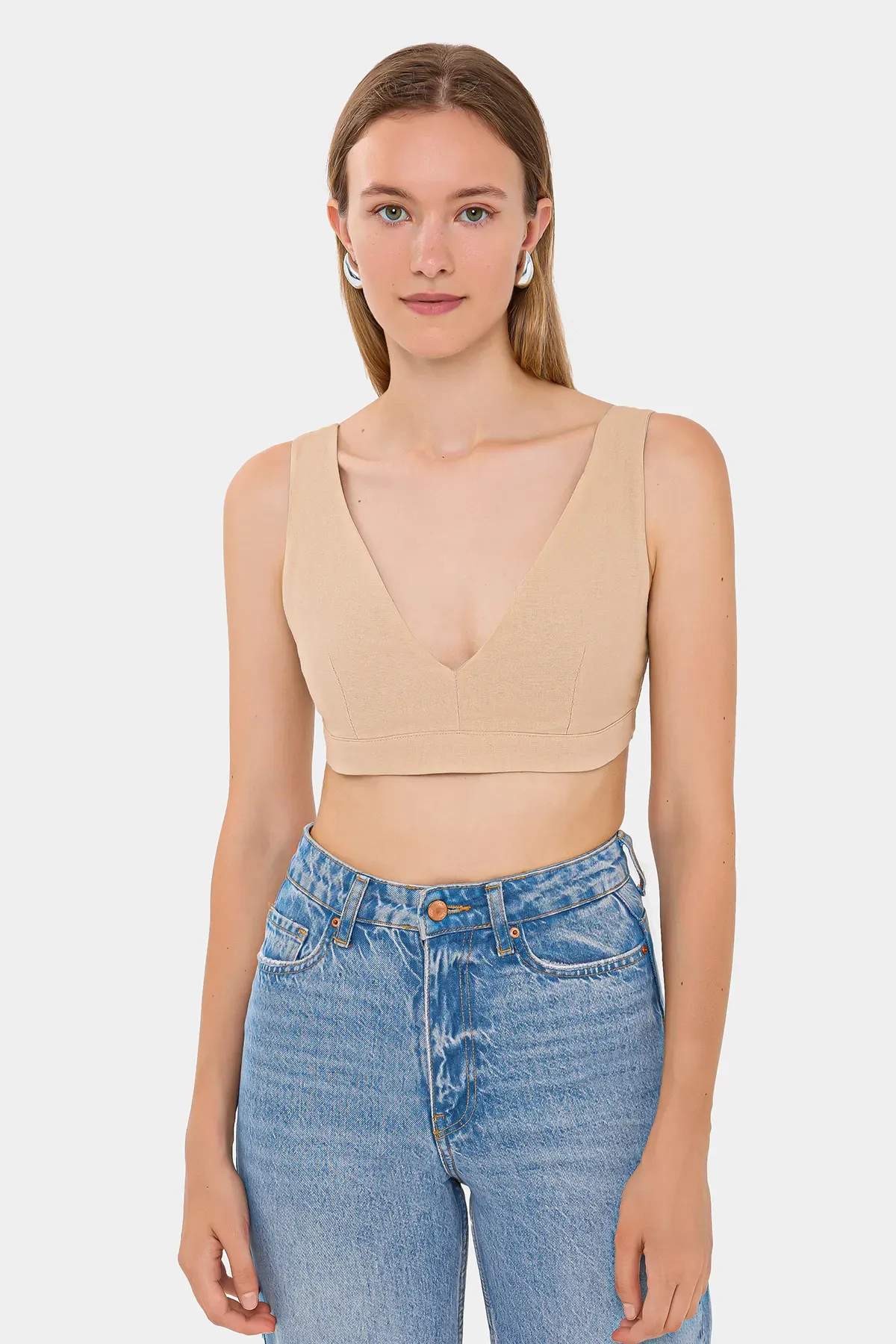 V-Neck Sleeveless Woven Crop Top 1