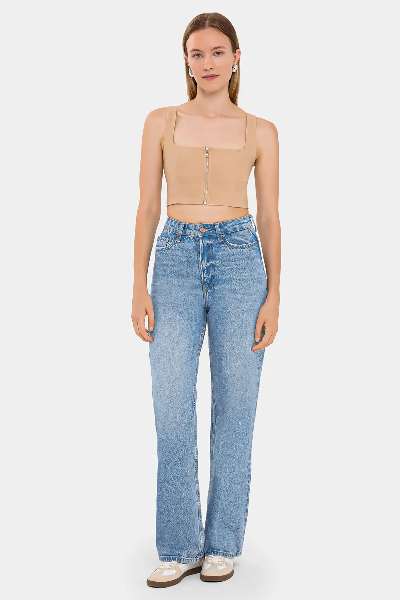 Square Neck Sleeveless Cropped Top with Zip Detail