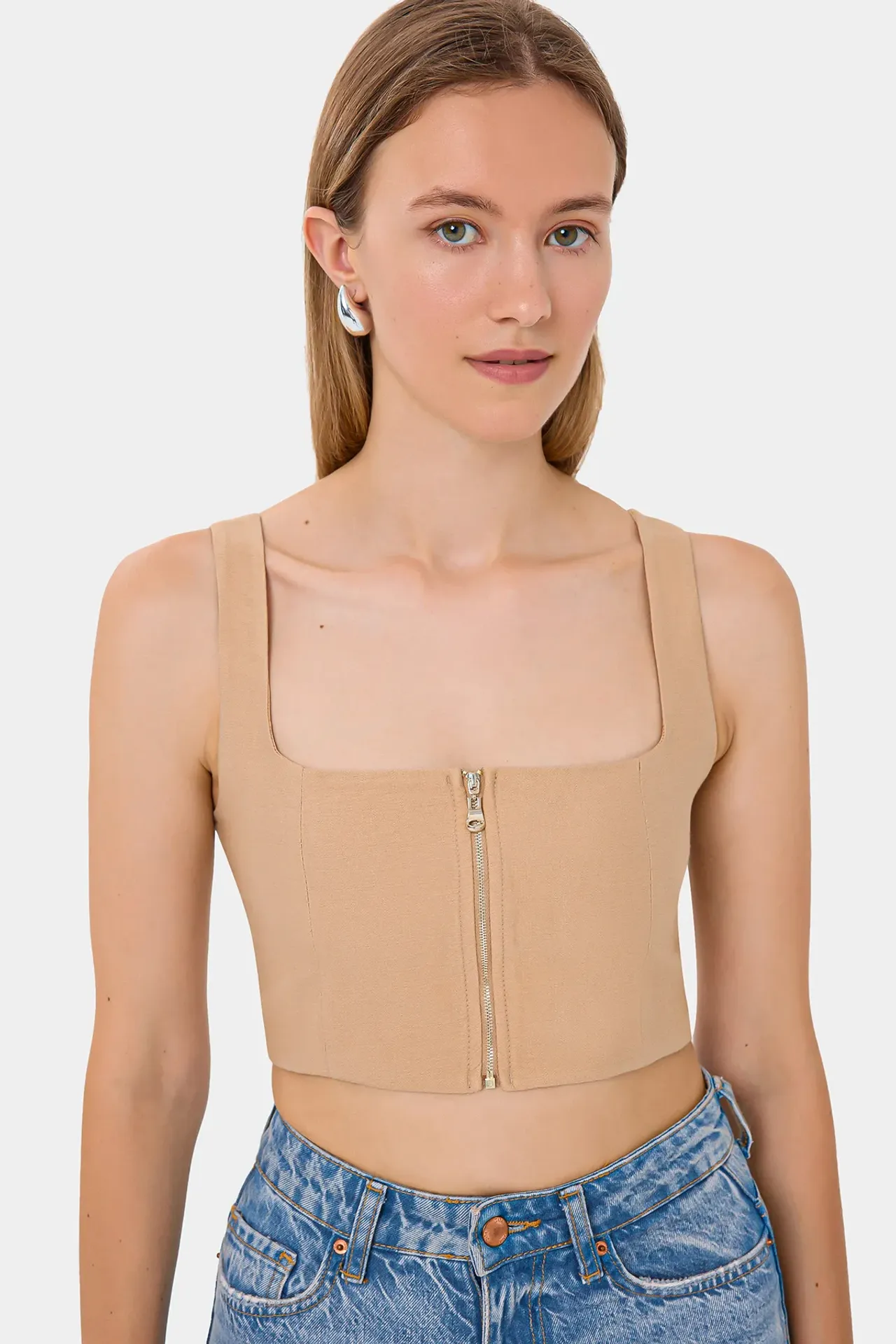 Square Neck Sleeveless Cropped Top with Zip Detail