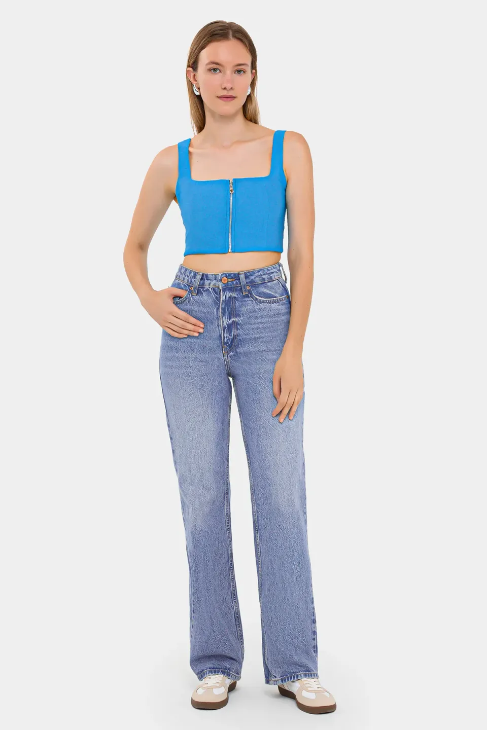 Square Neck Sleeveless Cropped Top with Zip Detail