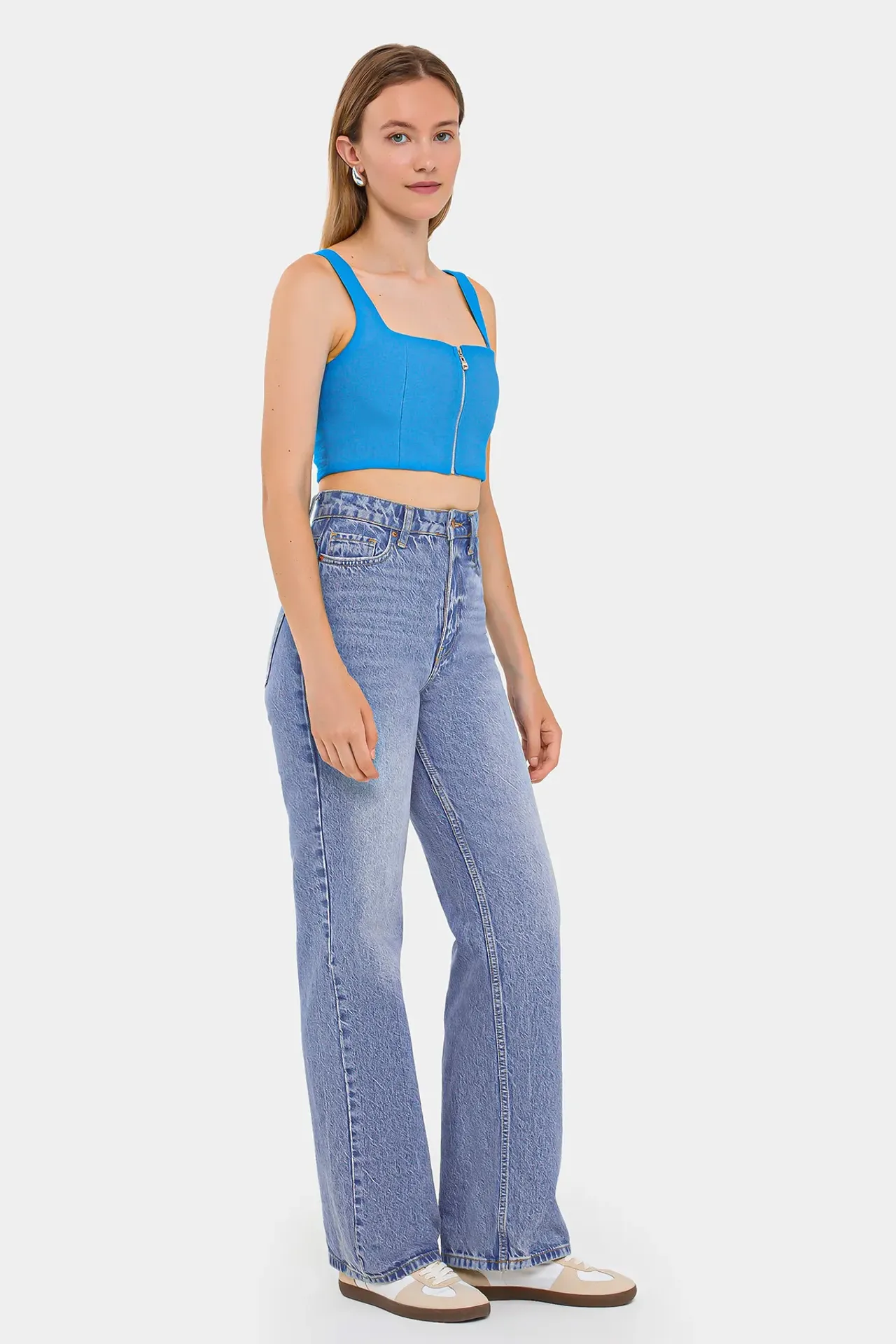 Square Neck Sleeveless Cropped Top with Zip Detail
