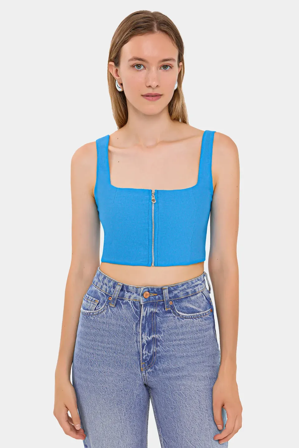 Square Neck Sleeveless Cropped Top with Zip Detail