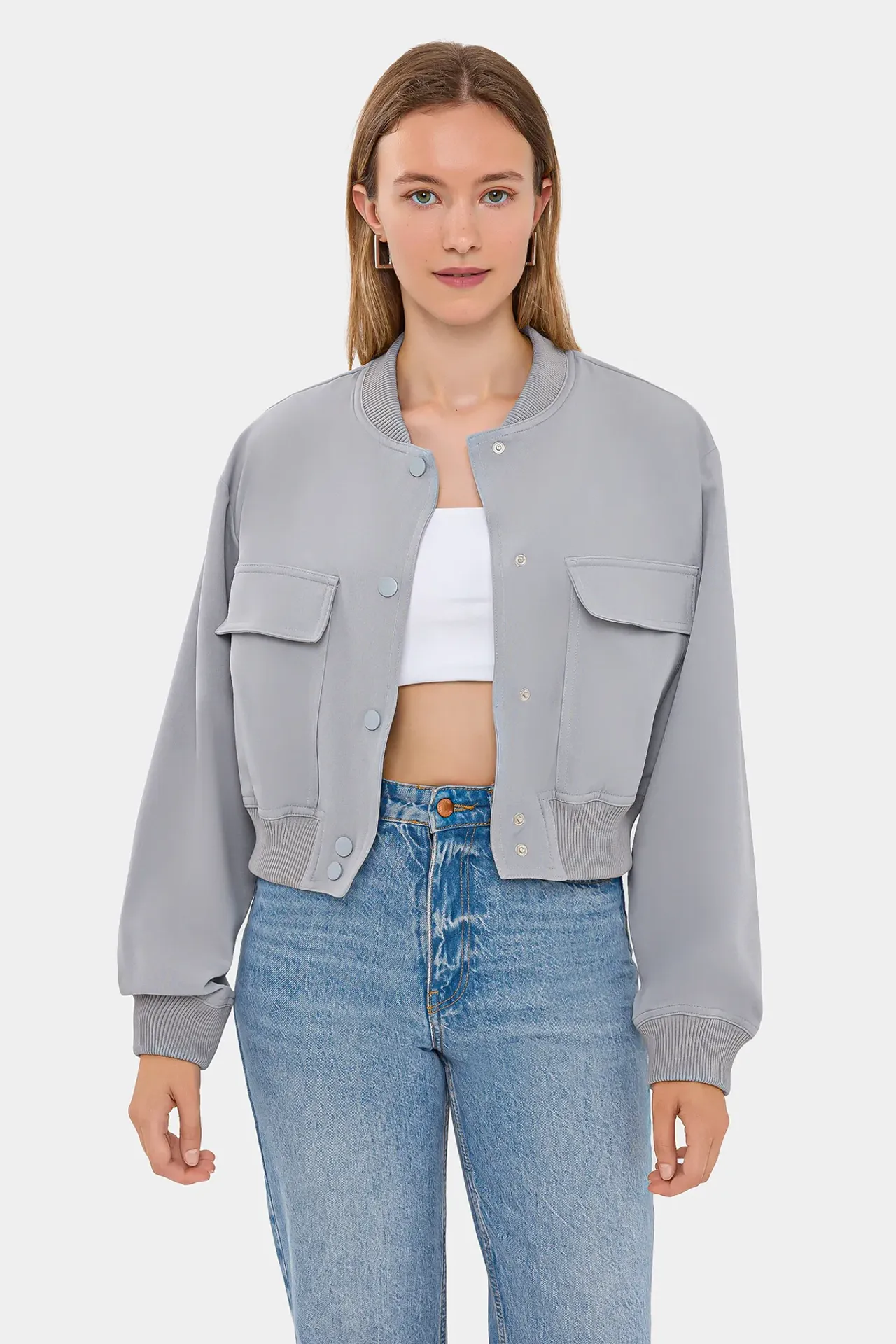 Round Neck Bomber Jacket with Pocket