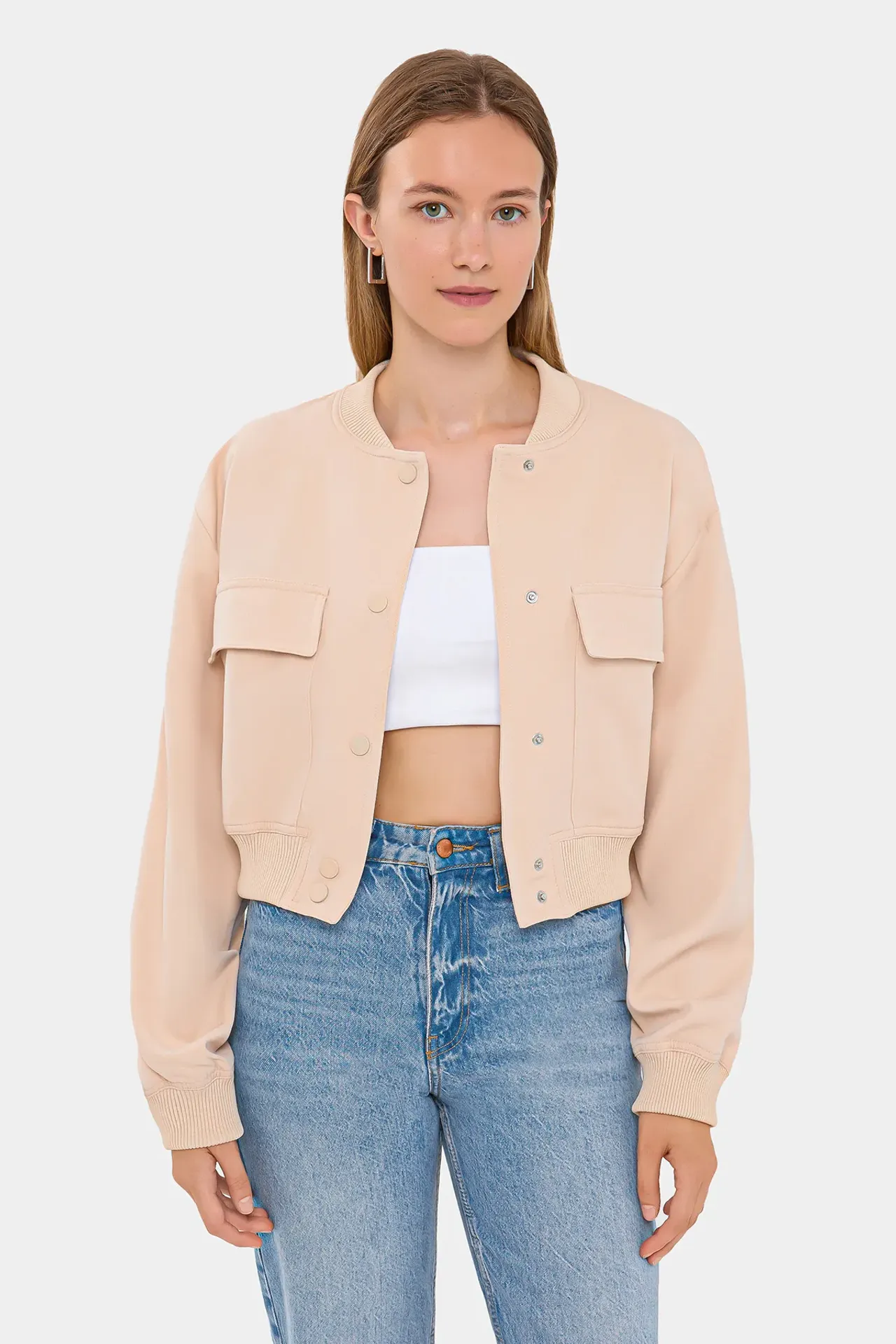 Round Neck Bomber Jacket with Pocket