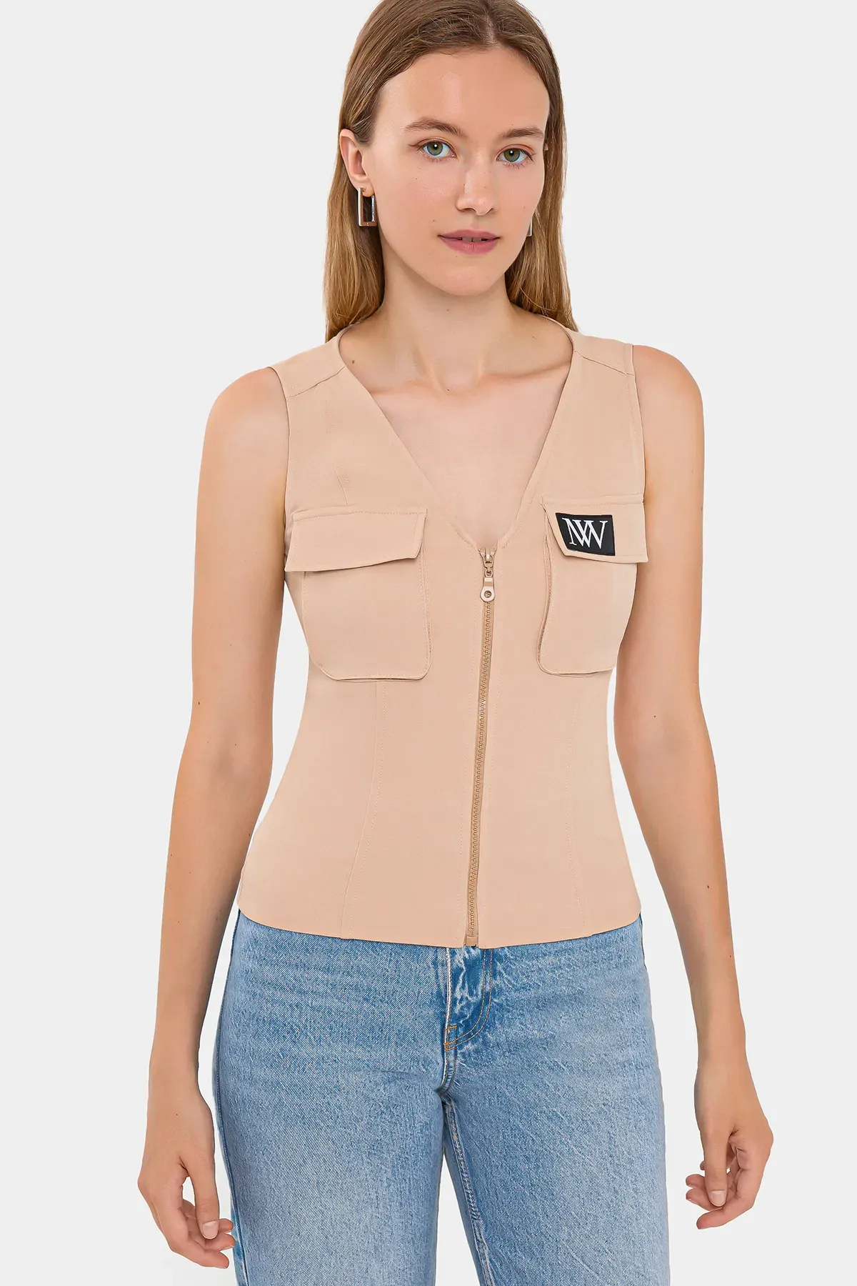 Zippered V-Neck Cropped Waistcoat 1