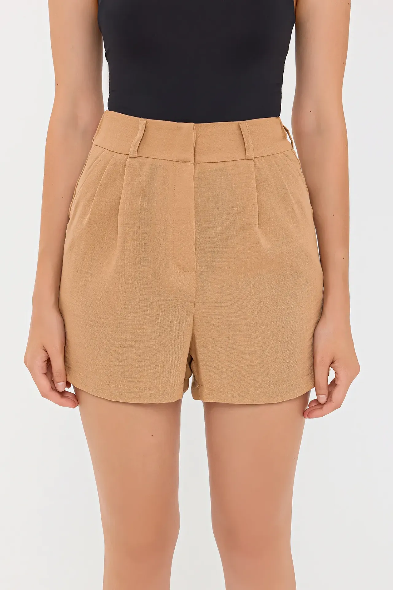 Pleated High-Waist Woven Shorts
