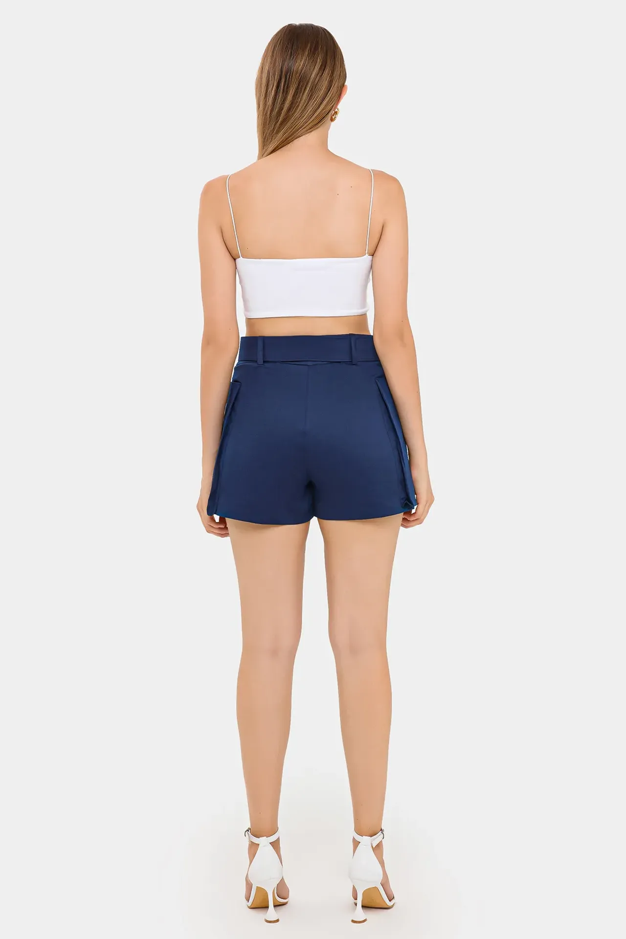 Cotton High-Waist Shorts with Pocket and Belt Detail