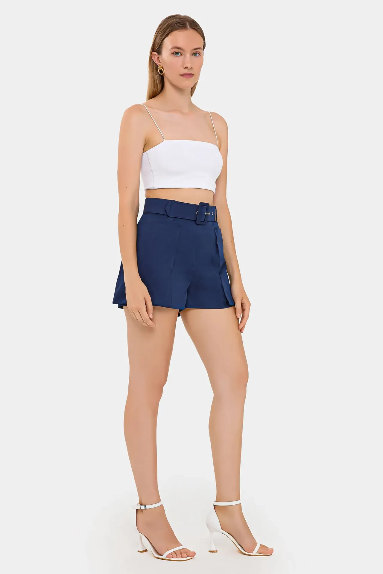 Cotton High-Waist Shorts with Pocket and Belt Detail
