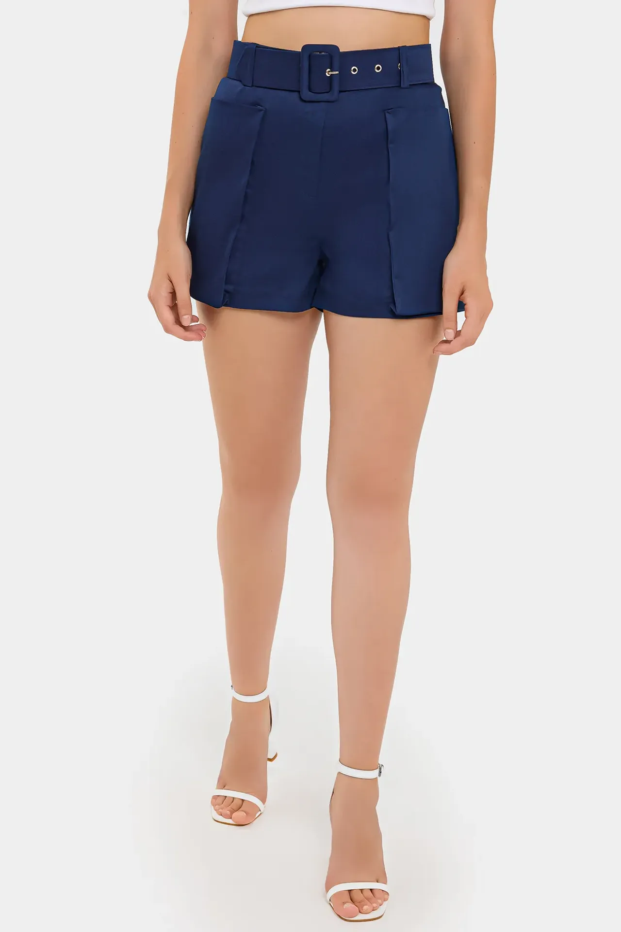 Cotton High-Waist Shorts with Pocket and Belt Detail
