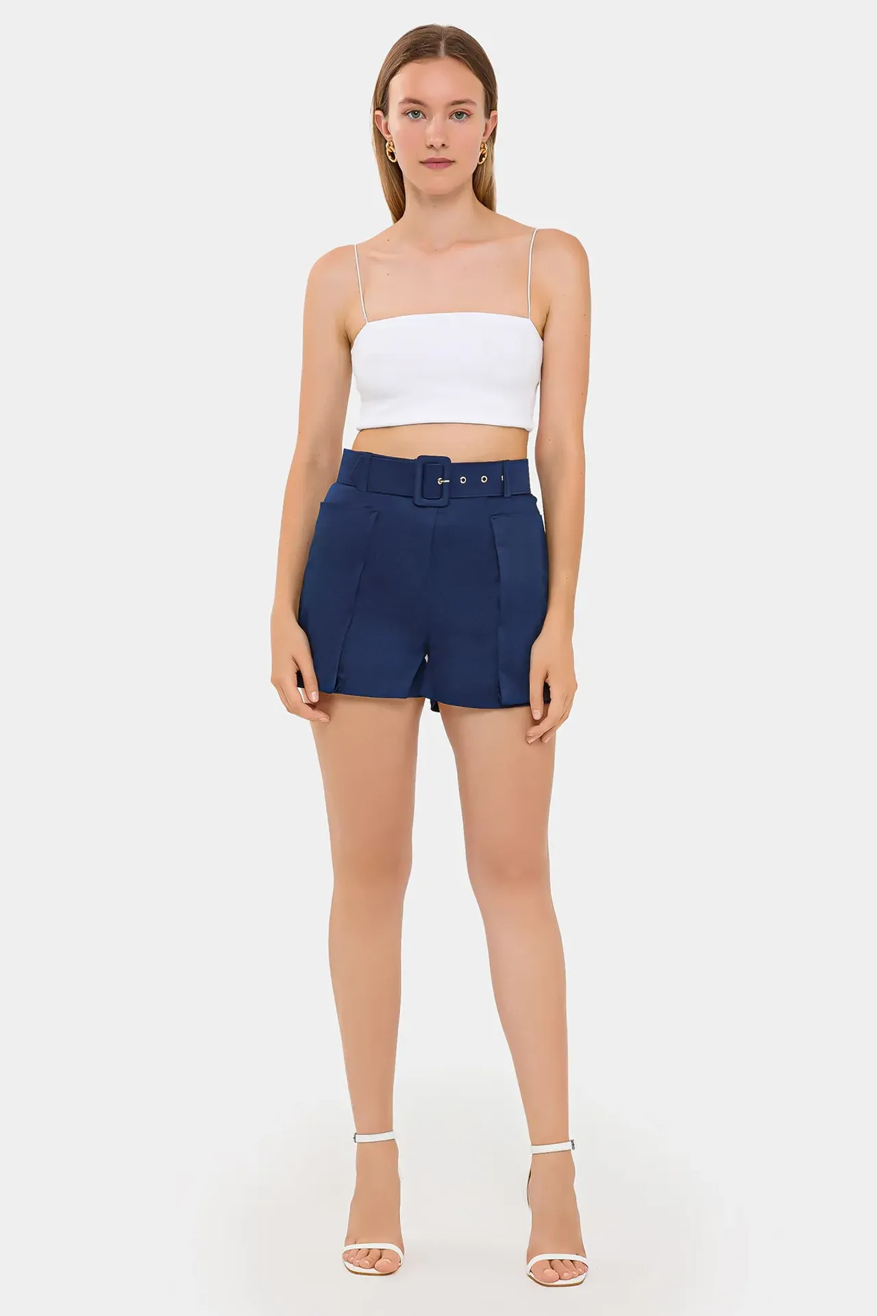 Cotton High-Waist Shorts with Pocket and Belt Detail