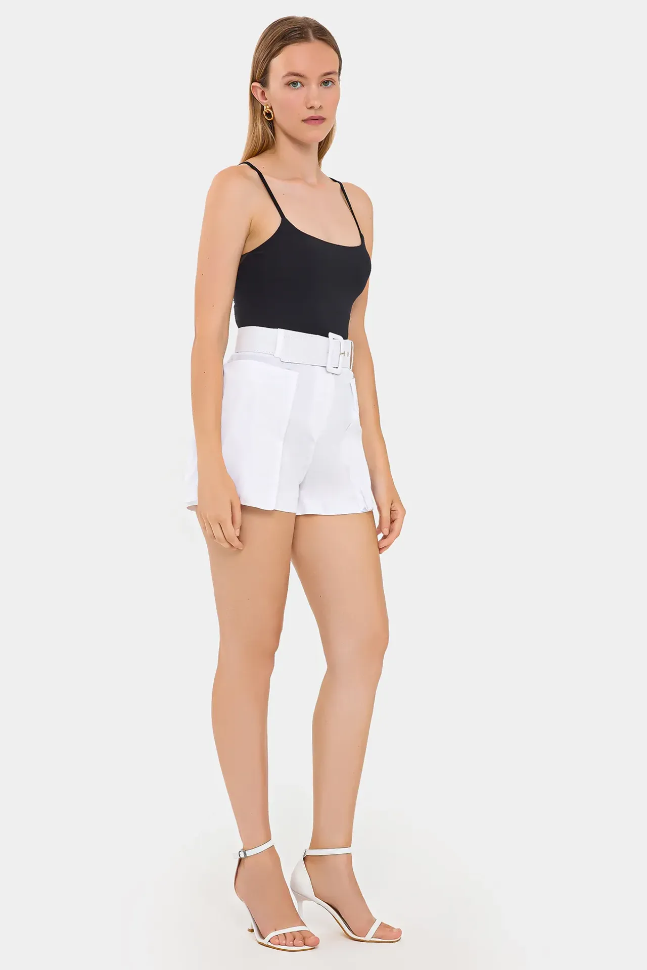 Cotton High-Waist Shorts with Pocket and Belt Detail