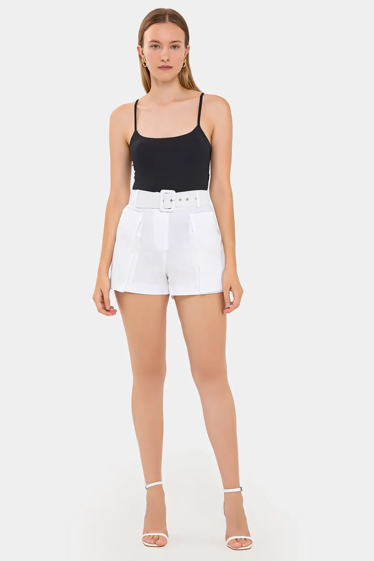 Cotton High-Waist Shorts with Pocket and Belt Detail