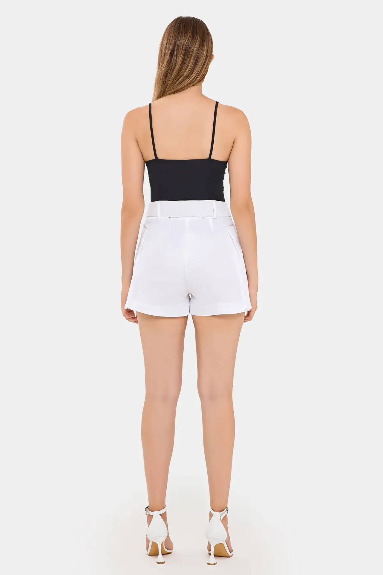 Cotton High-Waist Shorts with Pocket and Belt Detail