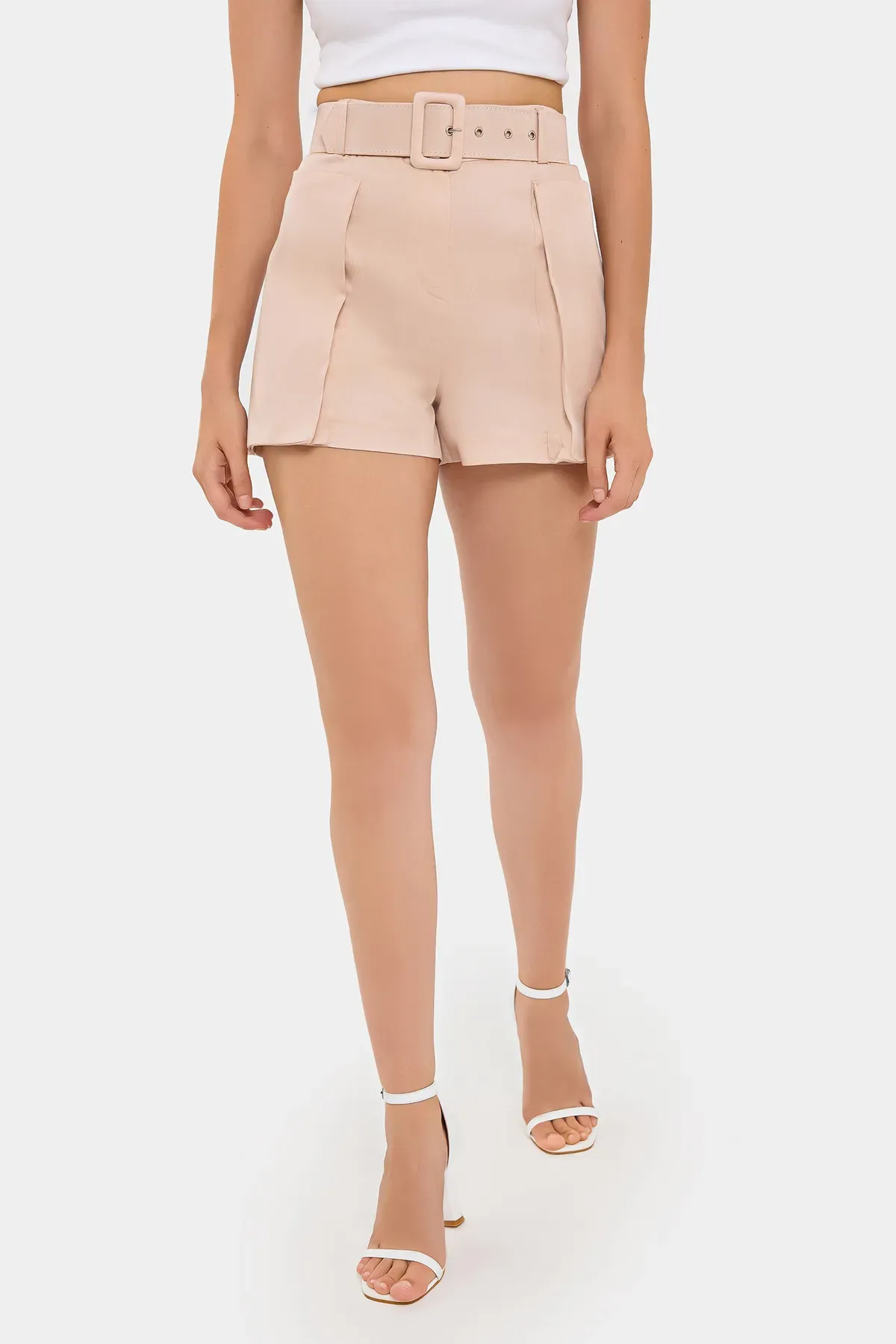 Cotton High-Waist Shorts with Pocket and Belt Detail 6
