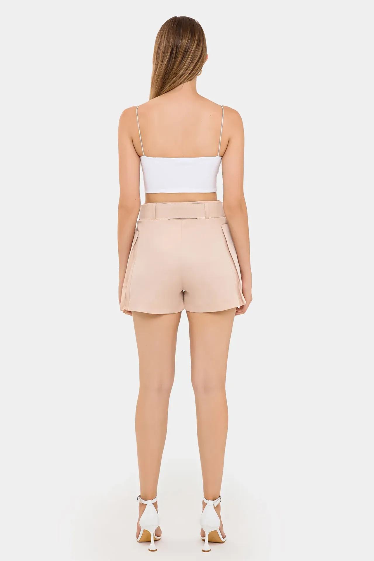 Cotton High-Waist Shorts with Pocket and Belt Detail