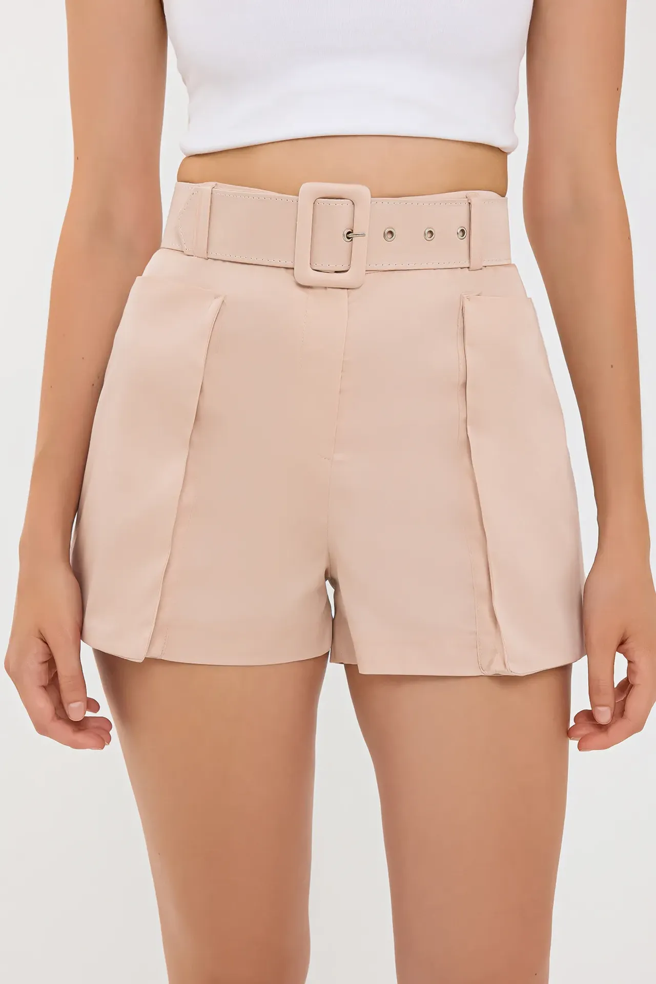 Cotton High-Waist Shorts with Pocket and Belt Detail