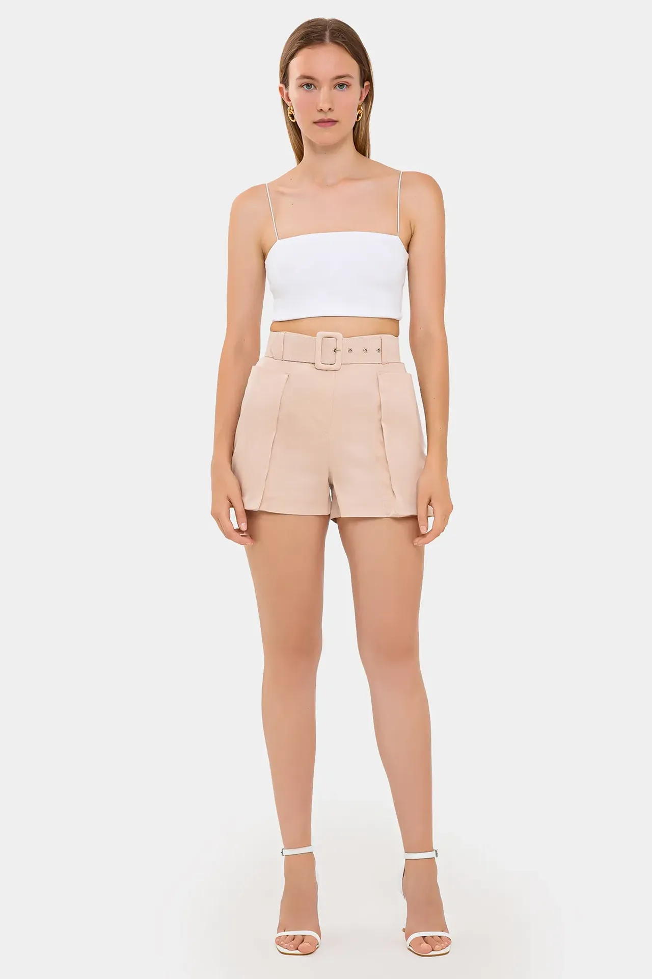 Cotton High-Waist Shorts with Pocket and Belt Detail