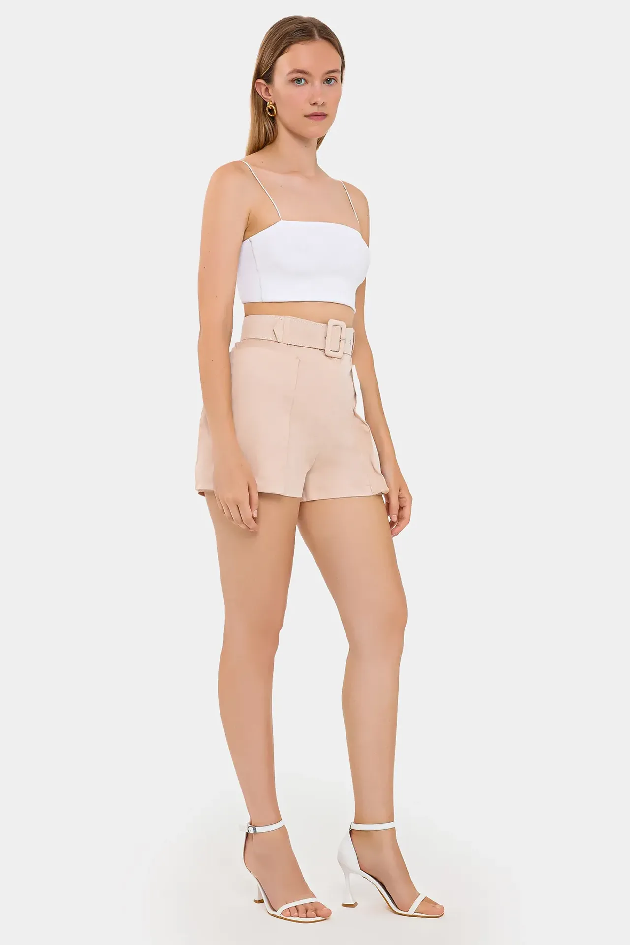Cotton High-Waist Shorts with Pocket and Belt Detail