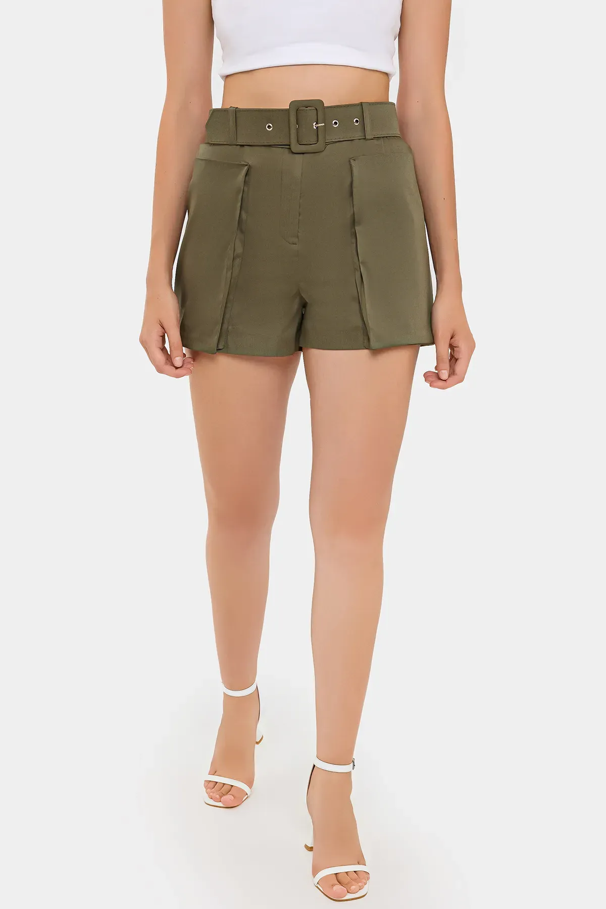 Cotton High-Waist Shorts with Pocket and Belt Detail 3