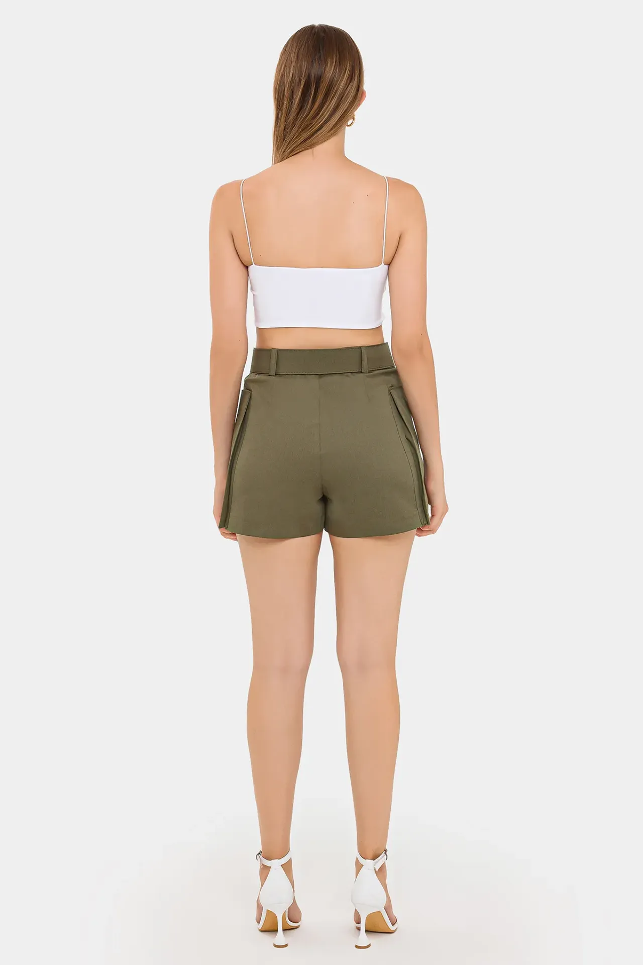 Cotton High-Waist Shorts with Pocket and Belt Detail