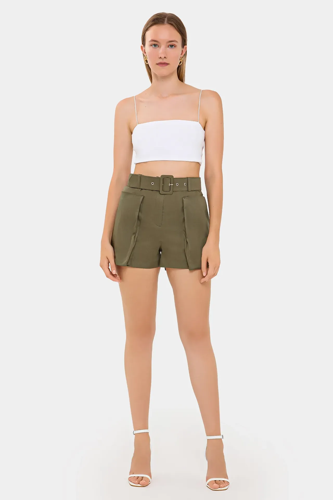 Cotton High-Waist Shorts with Pocket and Belt Detail