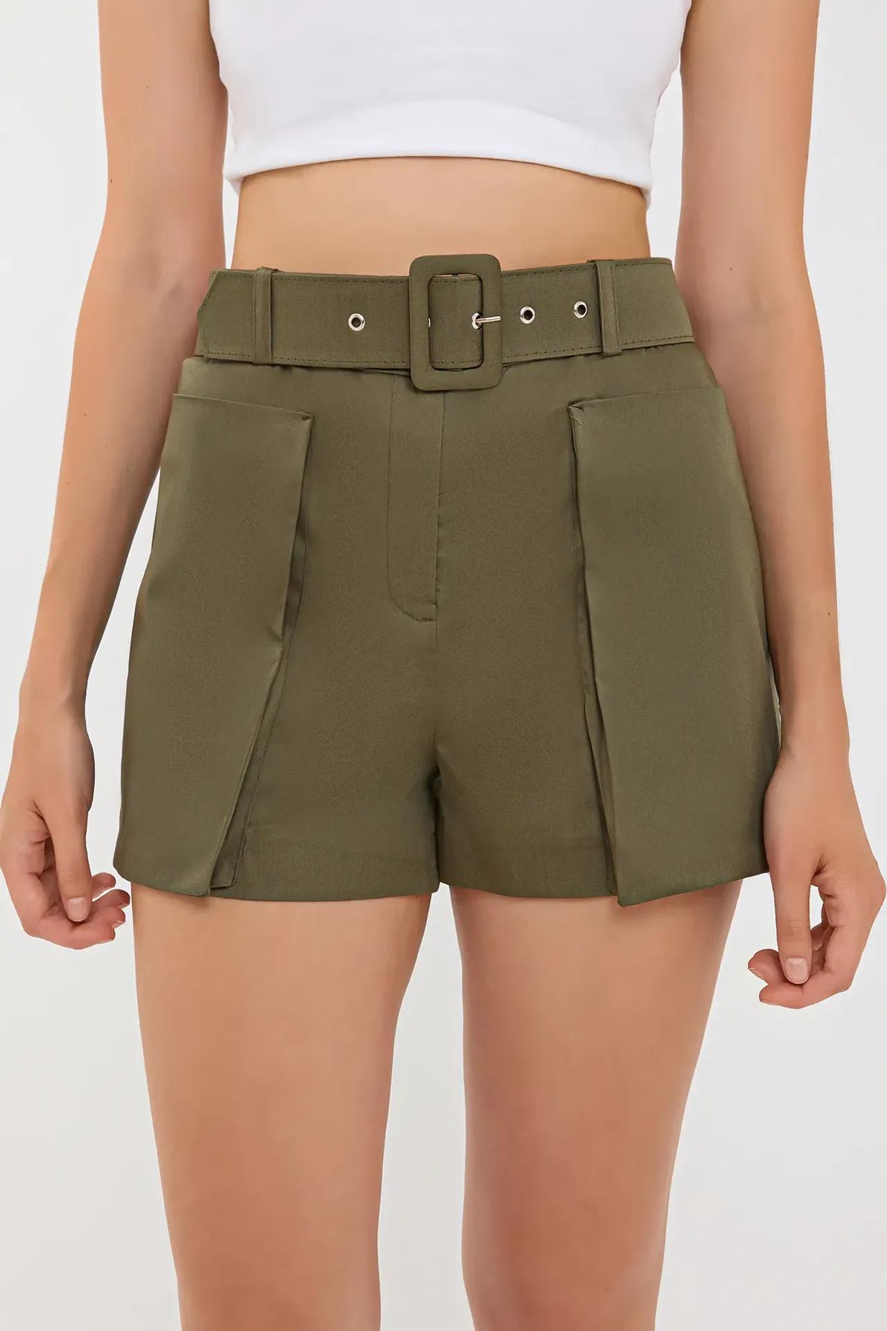 Cotton High-Waist Shorts with Pocket and Belt Detail